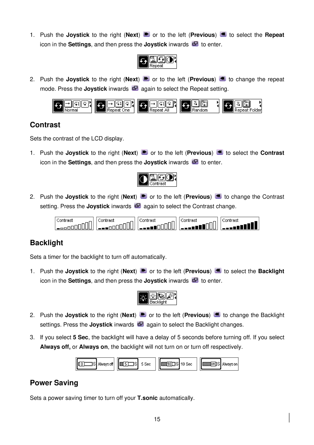 Transcend Information 510 user manual Contrast, Backlight, Power Saving 