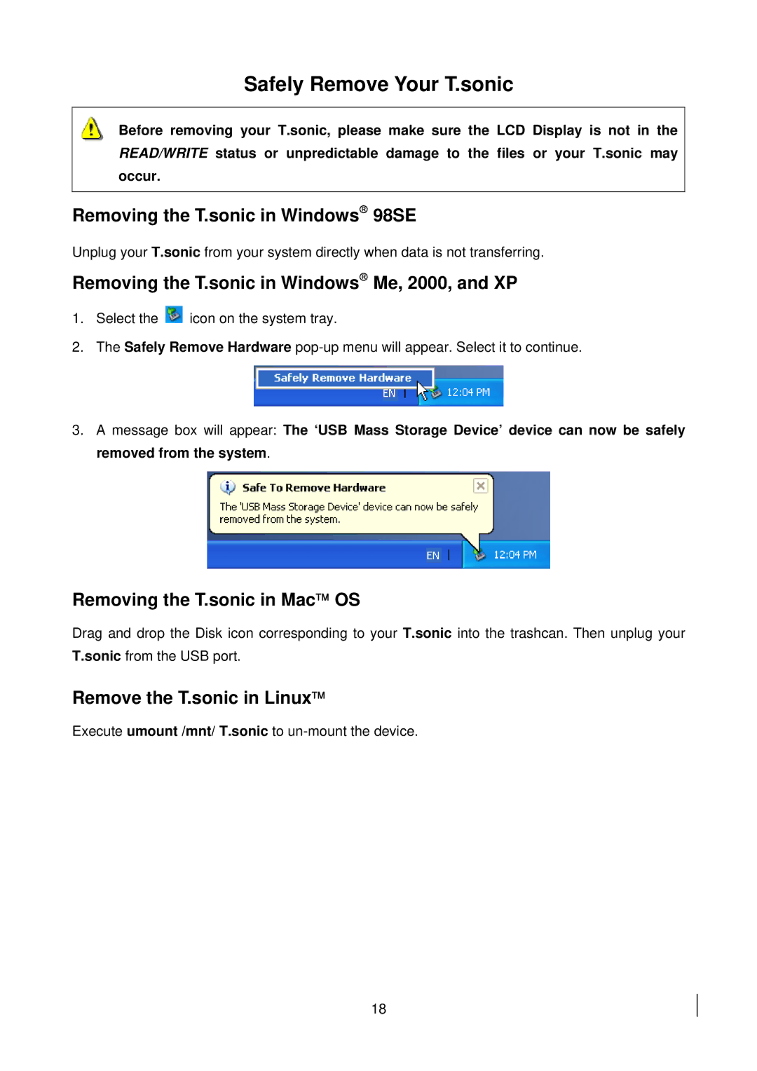 Transcend Information 510 Safely Remove Your T.sonic, Removing the T.sonic in Windows 98SE, Remove the T.sonic in Linux 