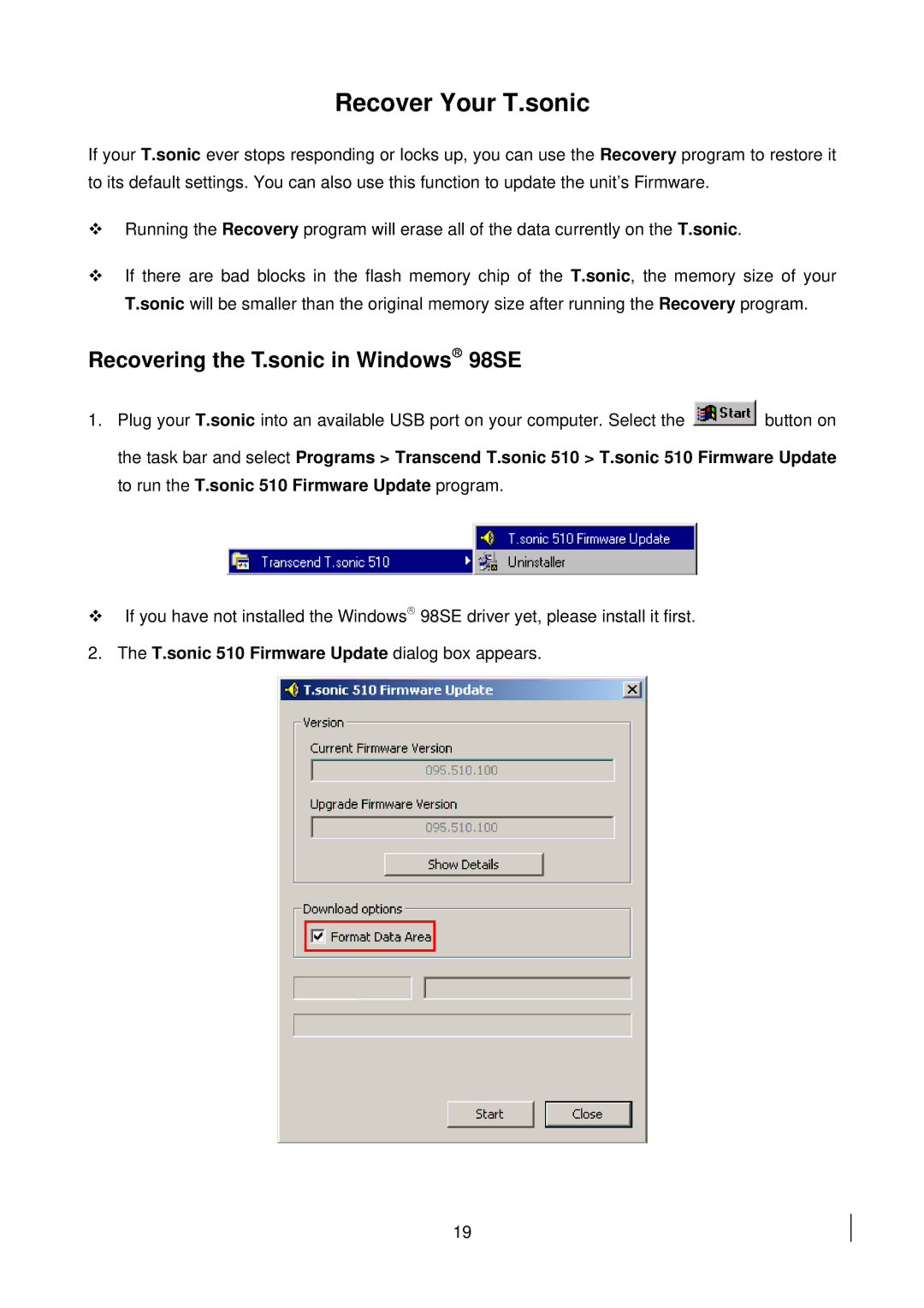 Transcend Information 510 user manual Recover Your T.sonic, Recovering the T.sonic in Windows 98SE 