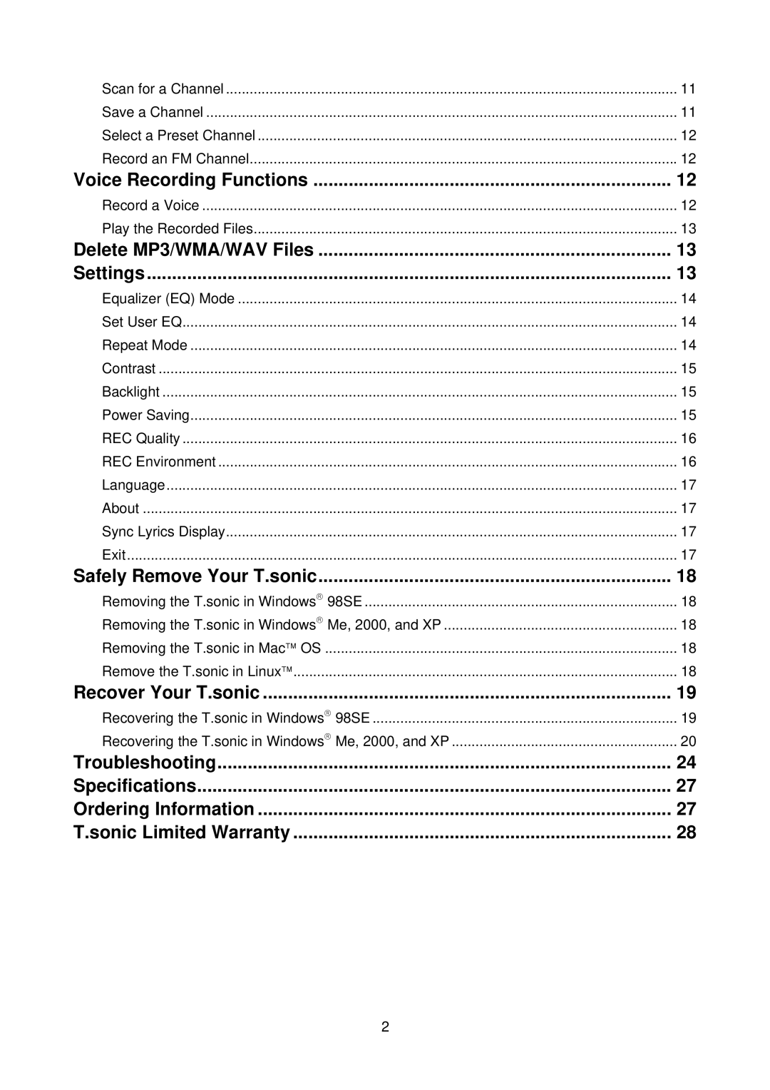 Transcend Information 510 Voice Recording Functions, Delete MP3/WMA/WAV Files Settings, Safely Remove Your T.sonic 