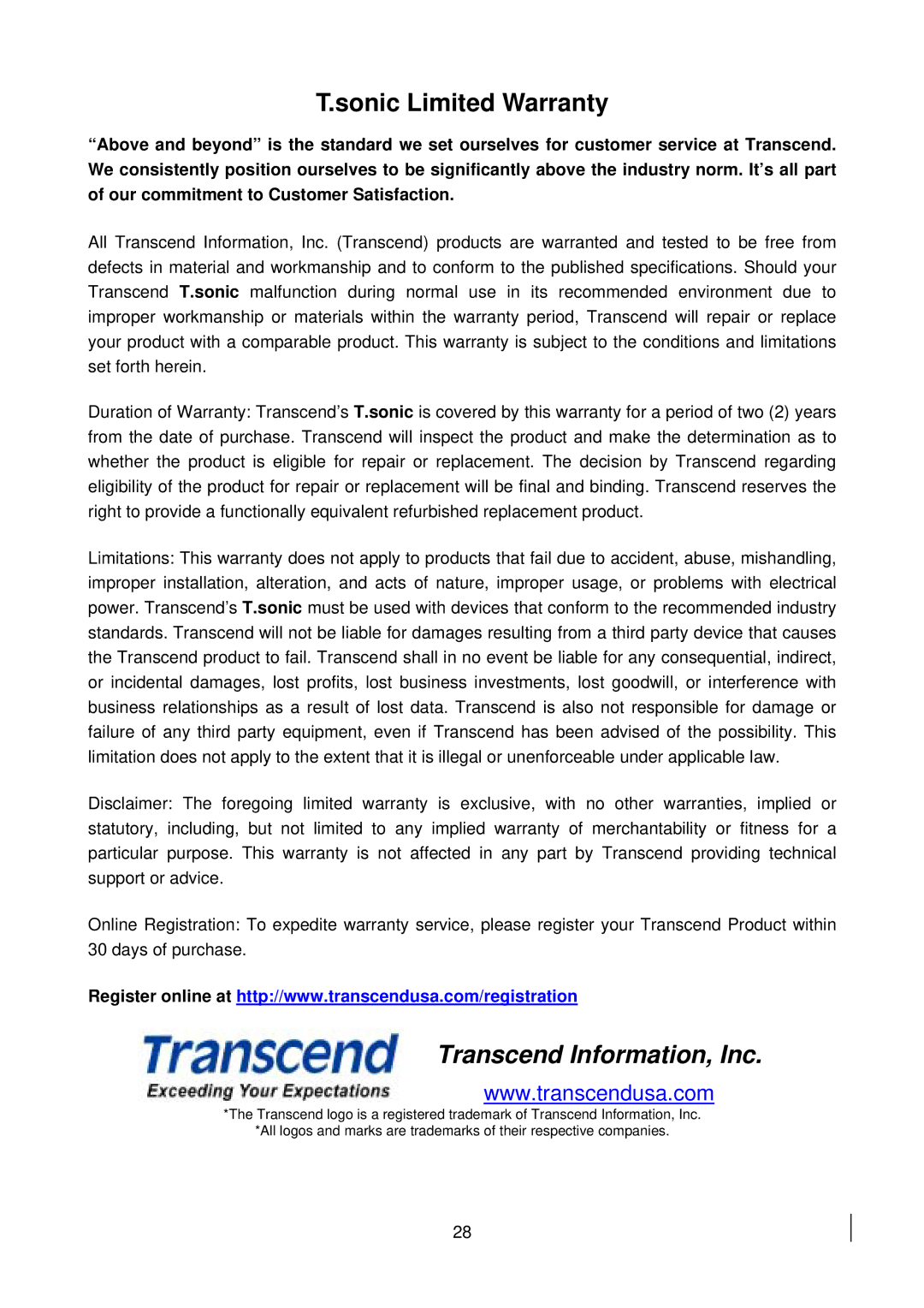 Transcend Information 510 user manual Sonic Limited Warranty, Transcend Information, Inc 