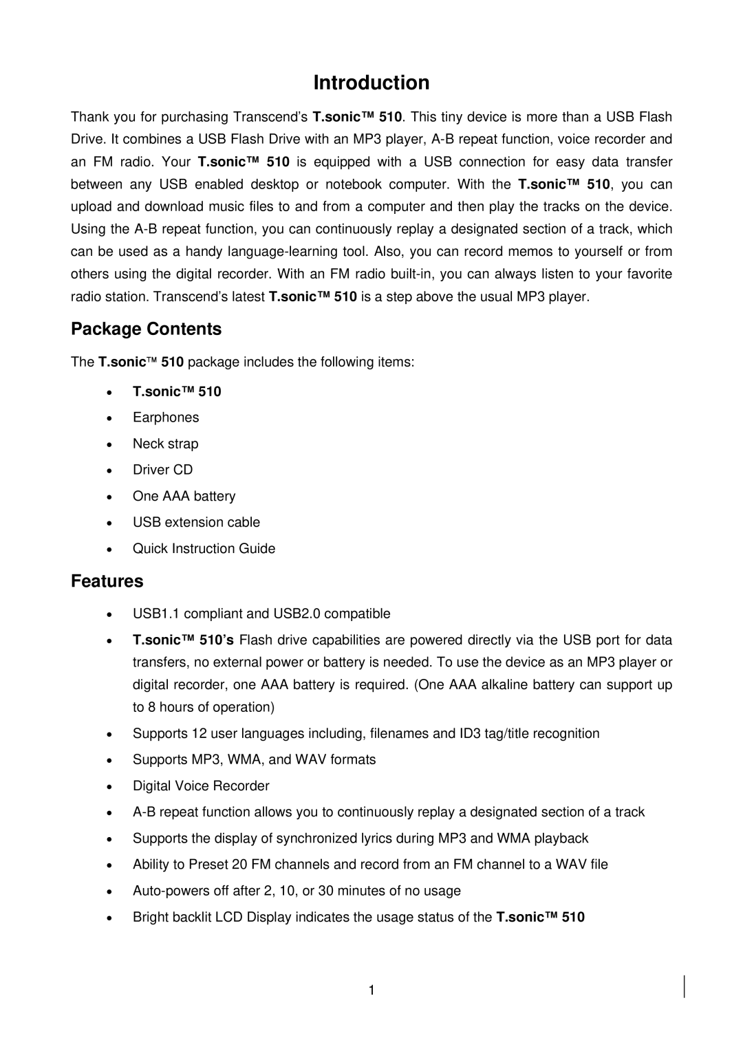 Transcend Information 510 user manual Introduction, Package Contents, Features 