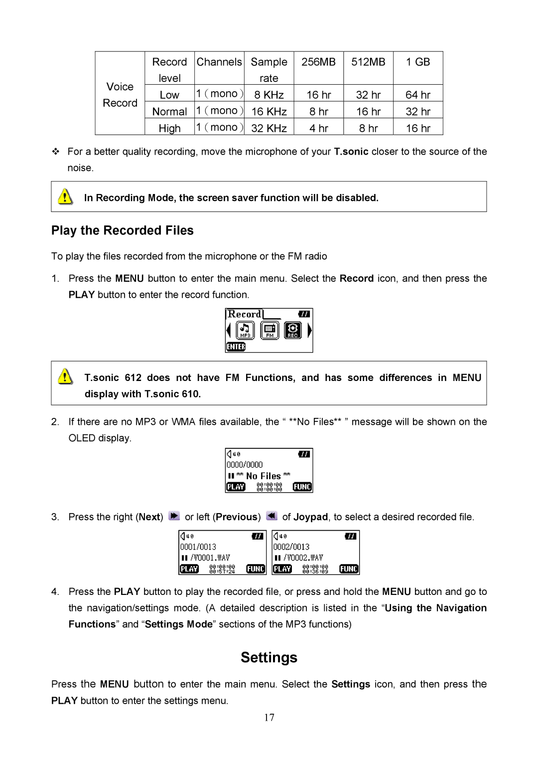 Transcend Information 610, 612 user manual Settings, Play the Recorded Files 