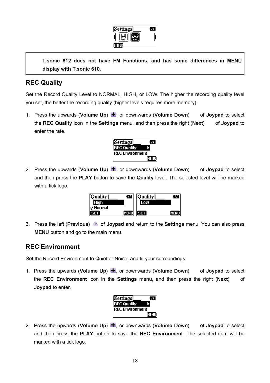 Transcend Information 612, 610 user manual REC Quality, REC Environment 