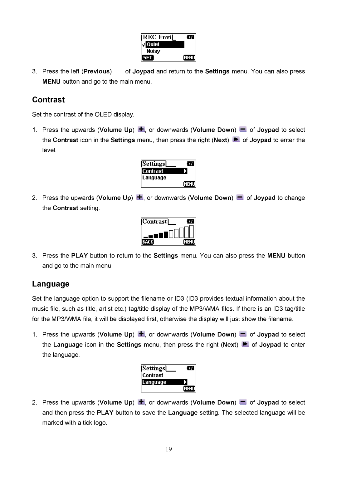 Transcend Information 610, 612 user manual Contrast, Language 