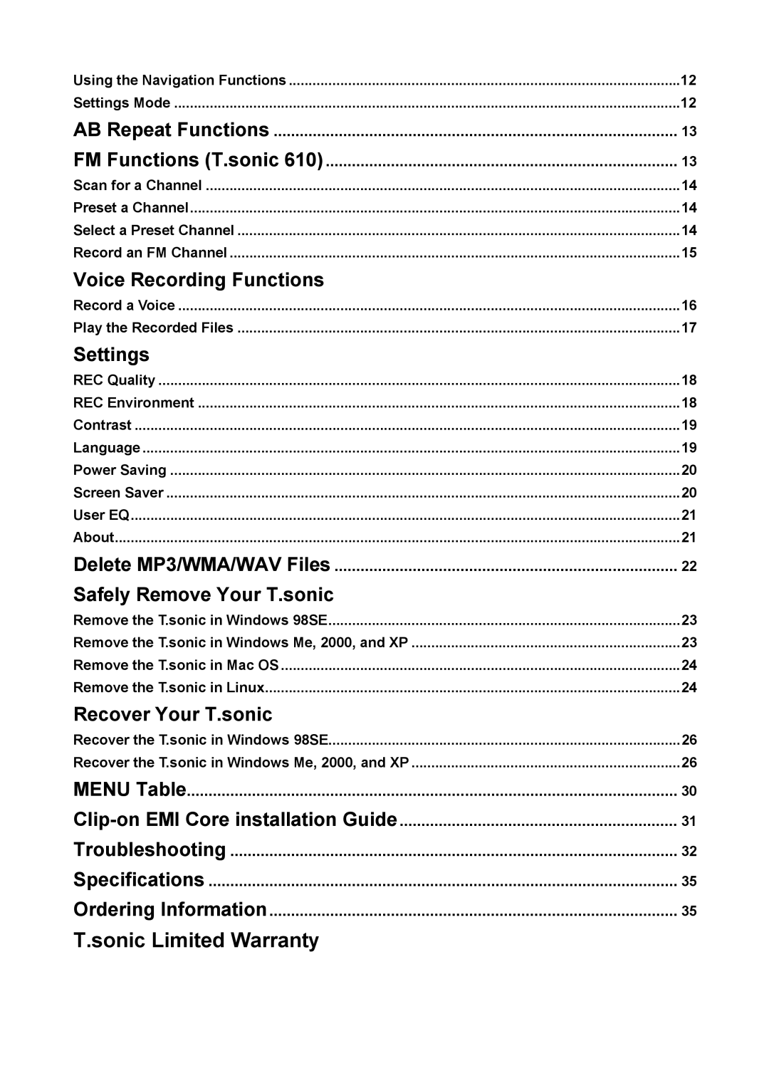 Transcend Information 612, 610 user manual Sonic Limited Warranty, Settings 