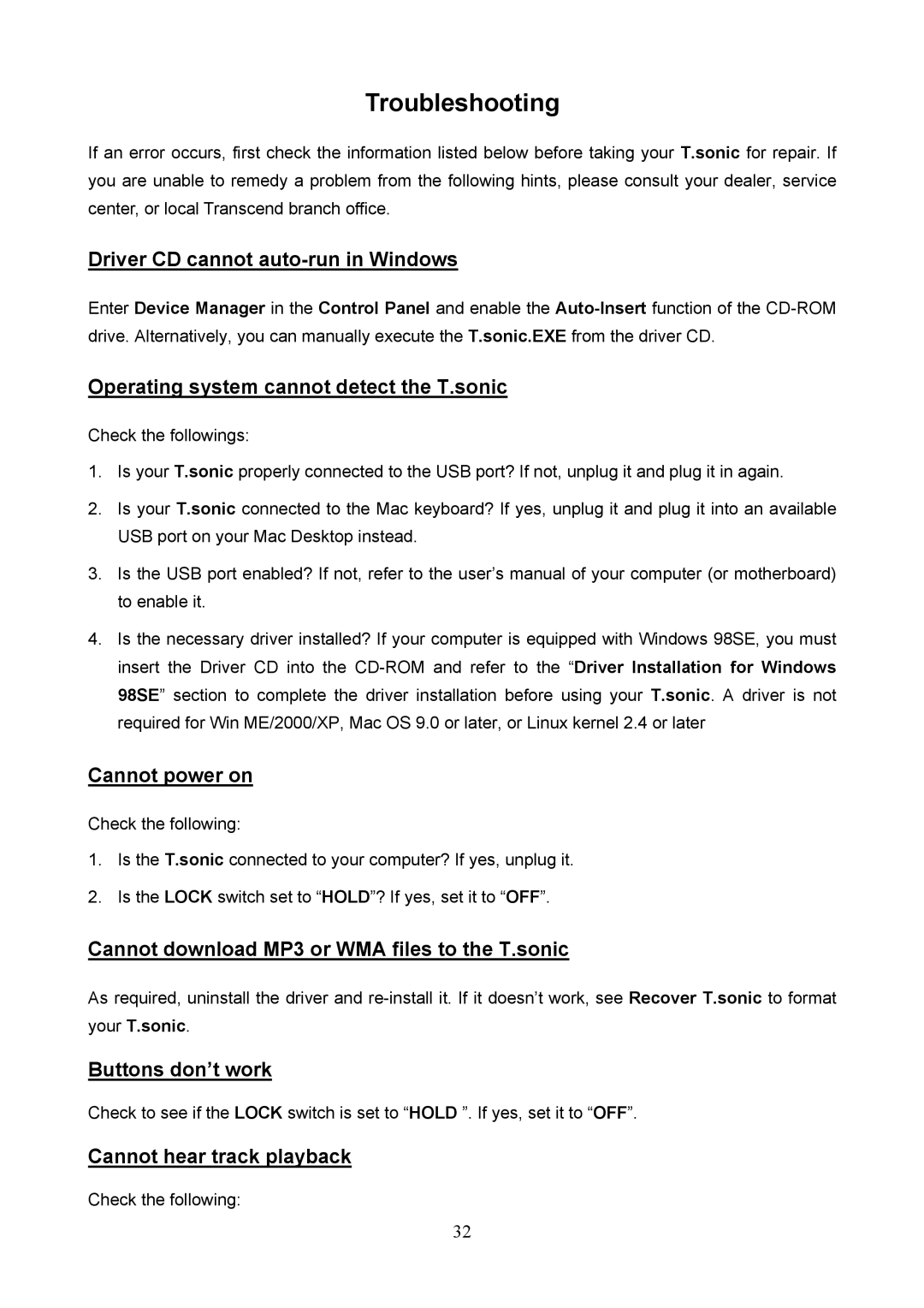 Transcend Information 612, 610 user manual Troubleshooting, Driver CD cannot auto-run in Windows 