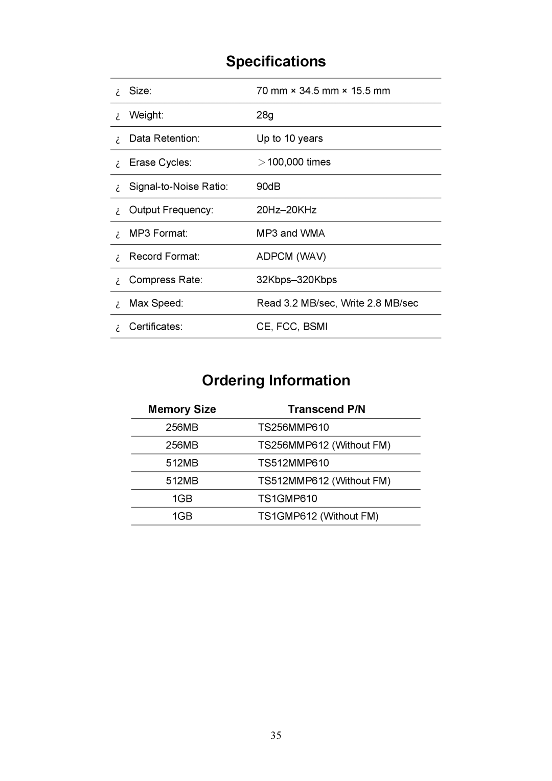 Transcend Information 610, 612 user manual Specifications, Ordering Information 