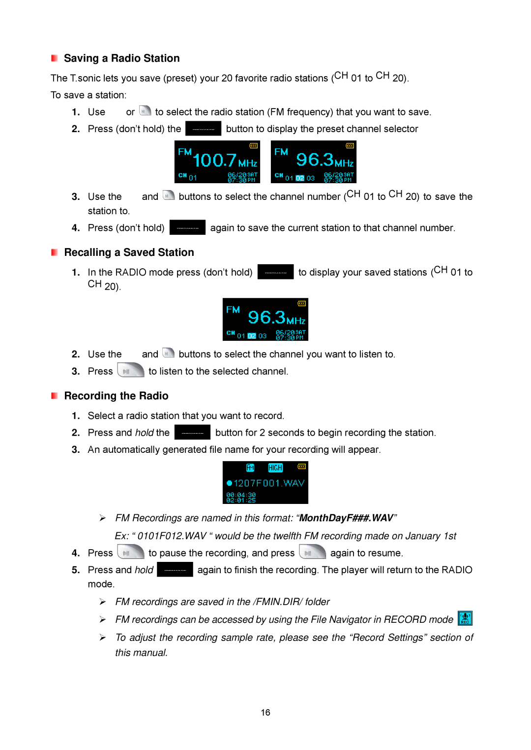 Transcend Information 615 user manual Saving a Radio Station, Recalling a Saved Station 