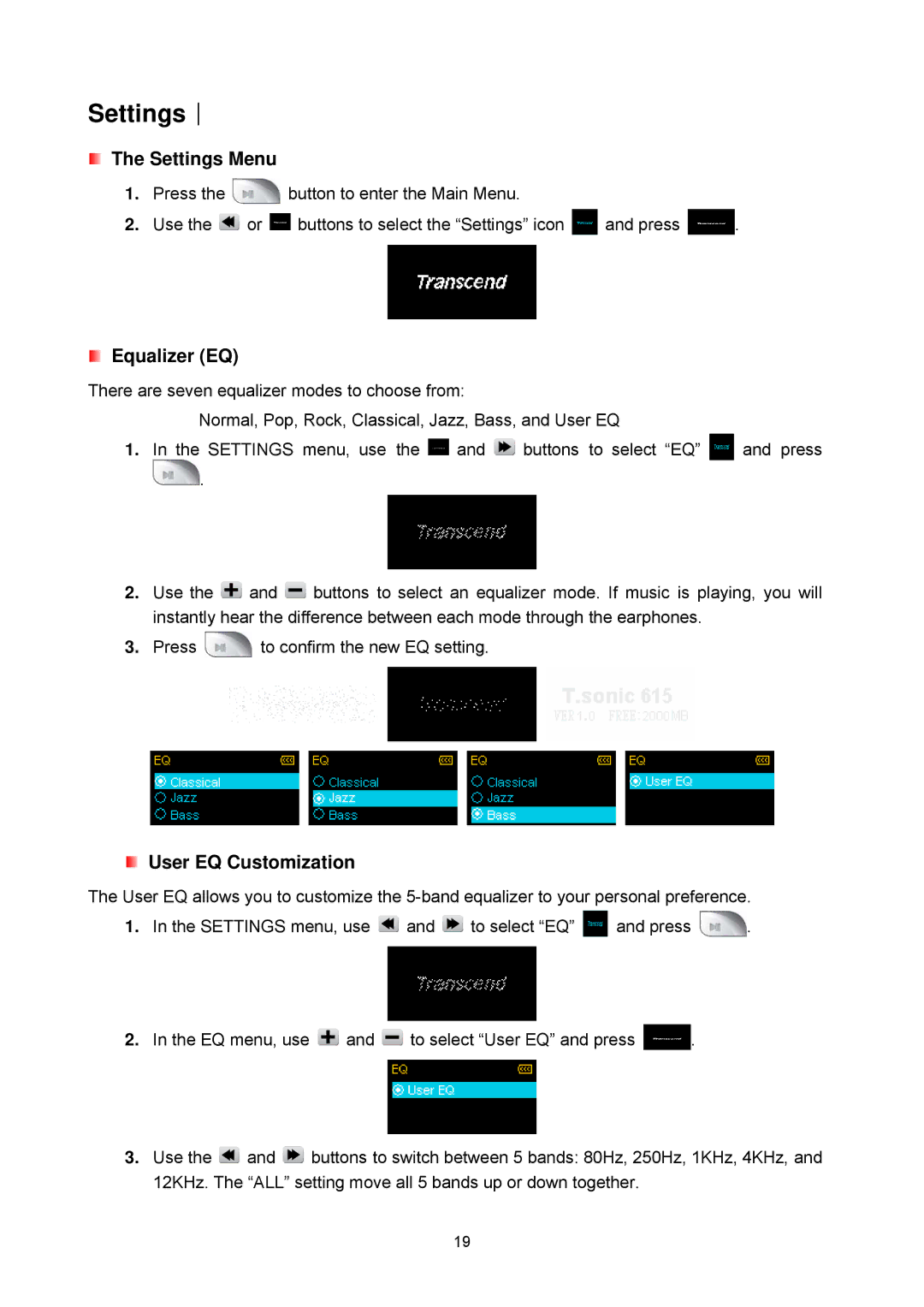 Transcend Information 615 user manual Settings︱, Settings Menu, User EQ Customization 