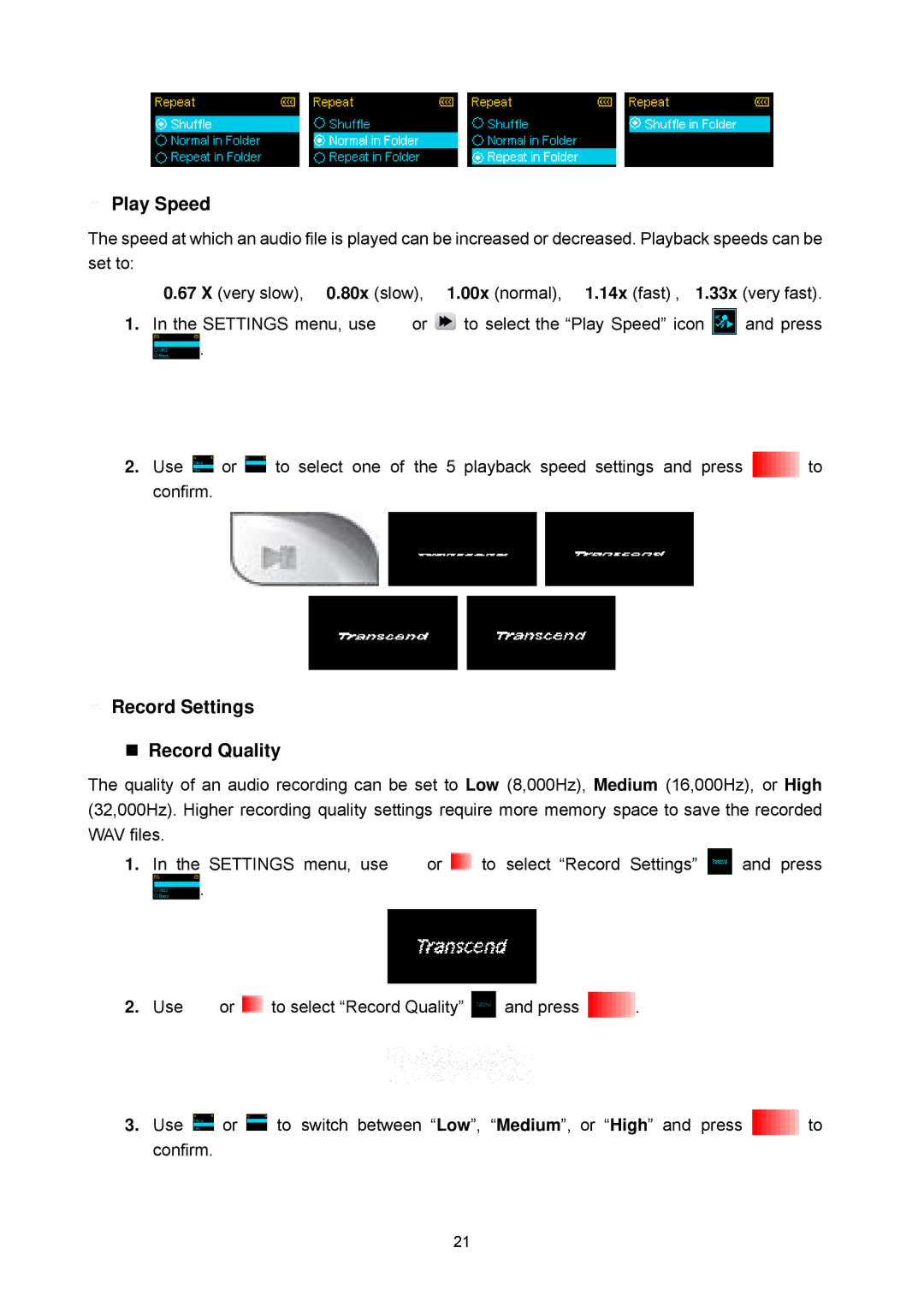 Transcend Information 615 user manual Play Speed, Record Settings Record Quality 