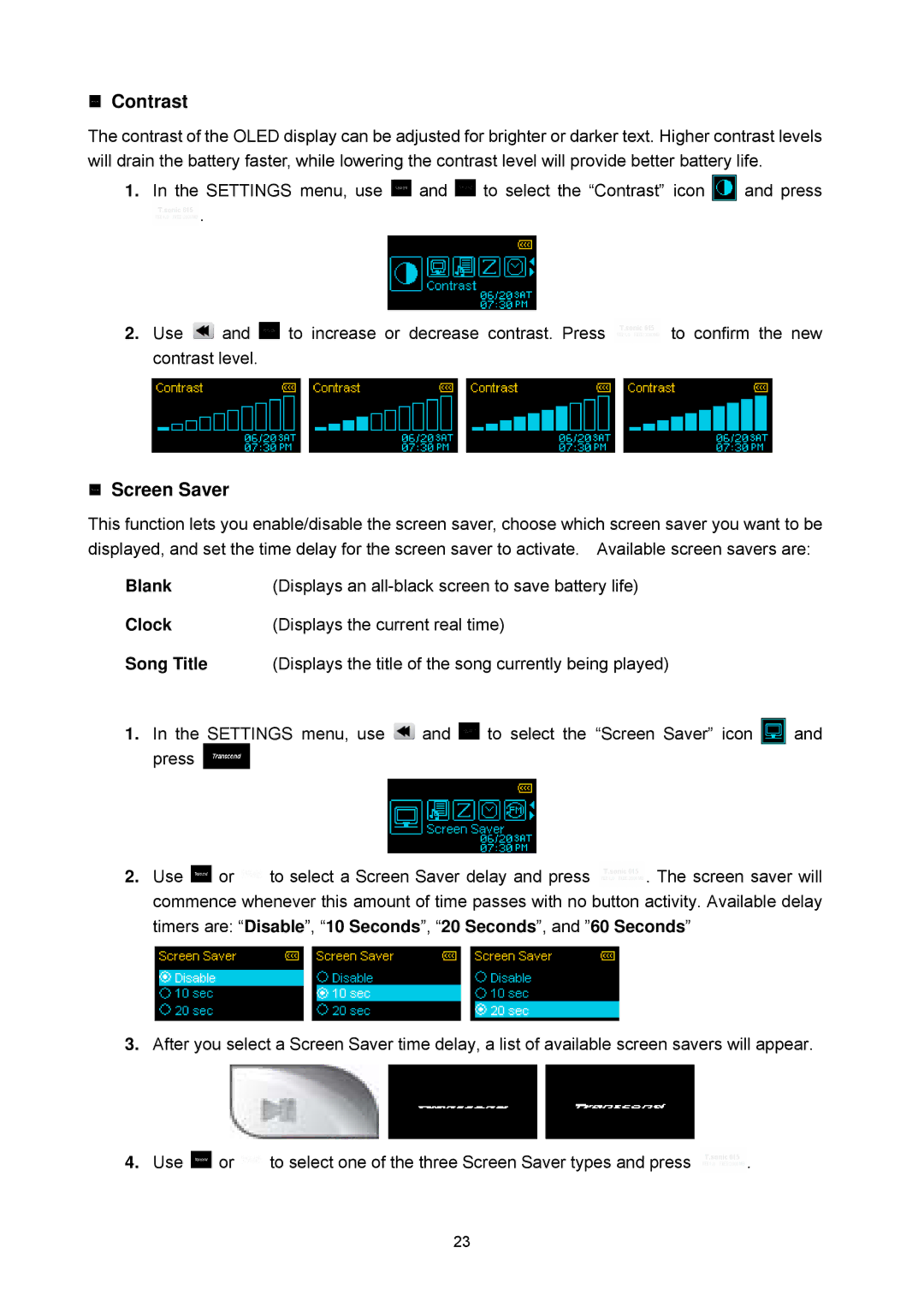 Transcend Information 615 user manual Contrast, Song Title 