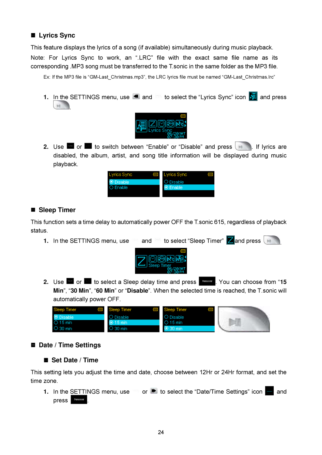 Transcend Information 615 user manual Lyrics Sync, Date / Time Settings Set Date / Time 