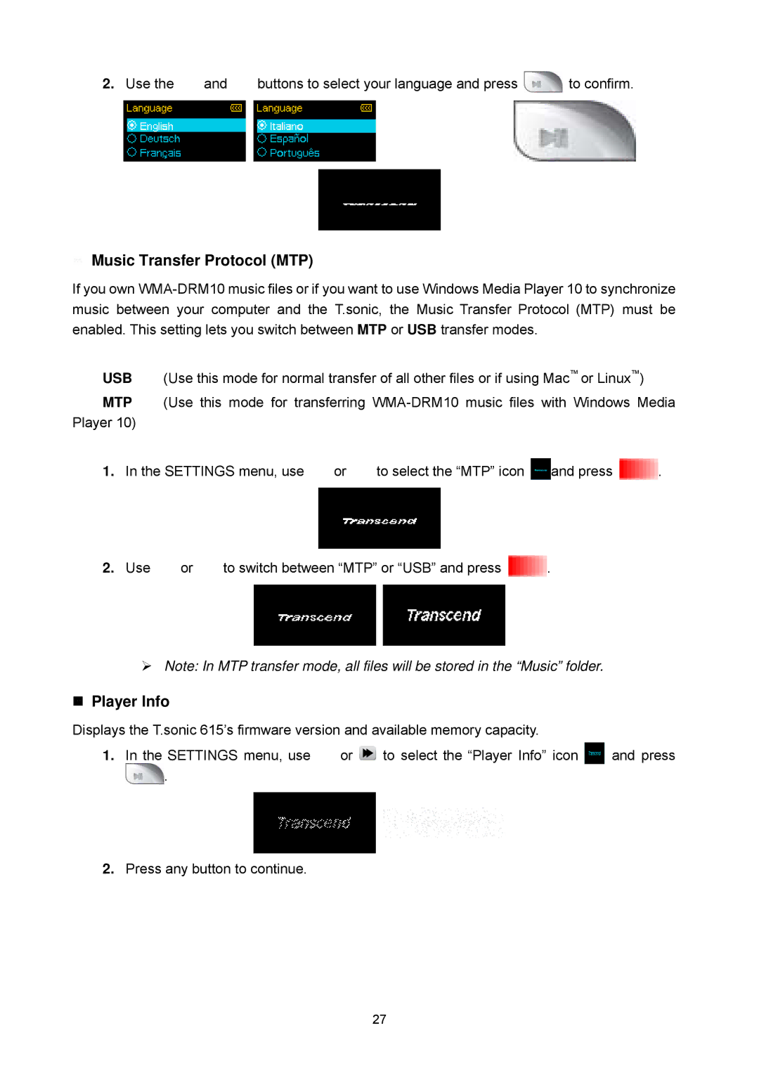 Transcend Information 615 user manual Music Transfer Protocol MTP 