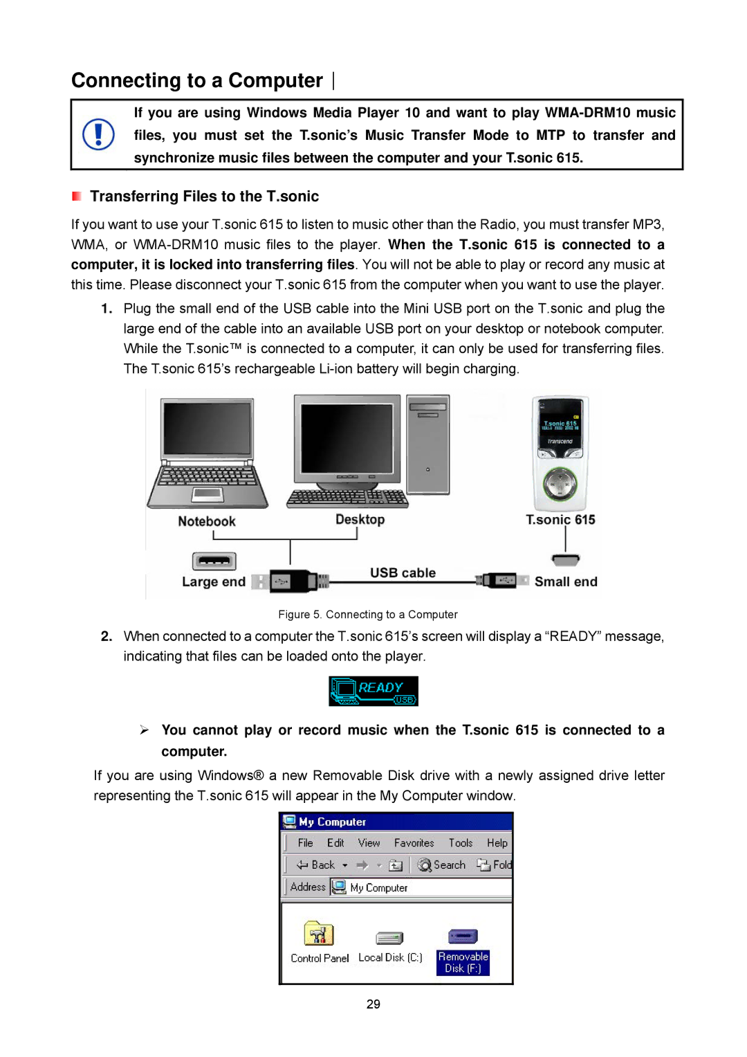 Transcend Information 615 user manual Connecting to a Computer︱, Transferring Files to the T.sonic 