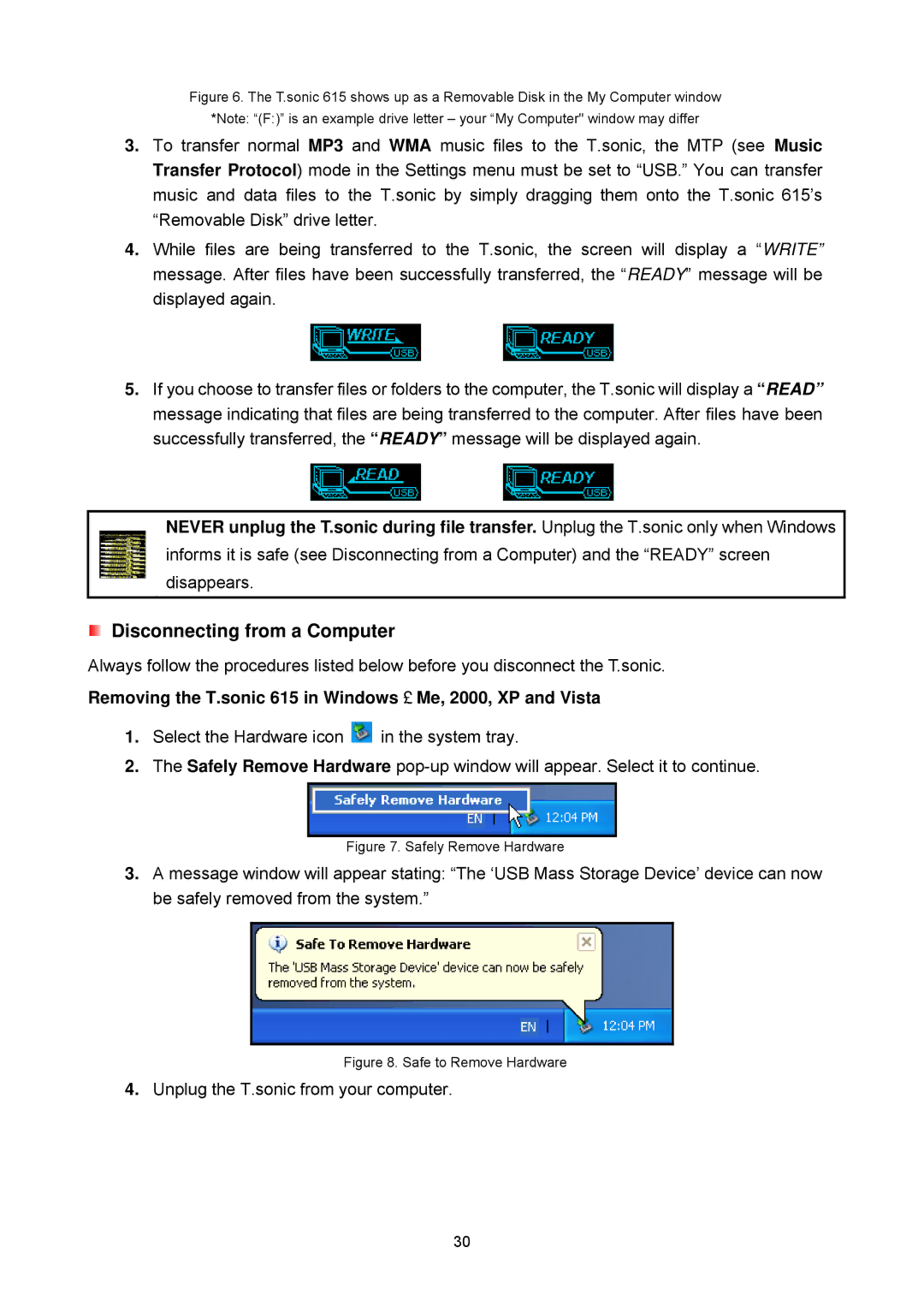 Transcend Information user manual Removing the T.sonic 615 in Windows→ Me, 2000, XP and Vista 