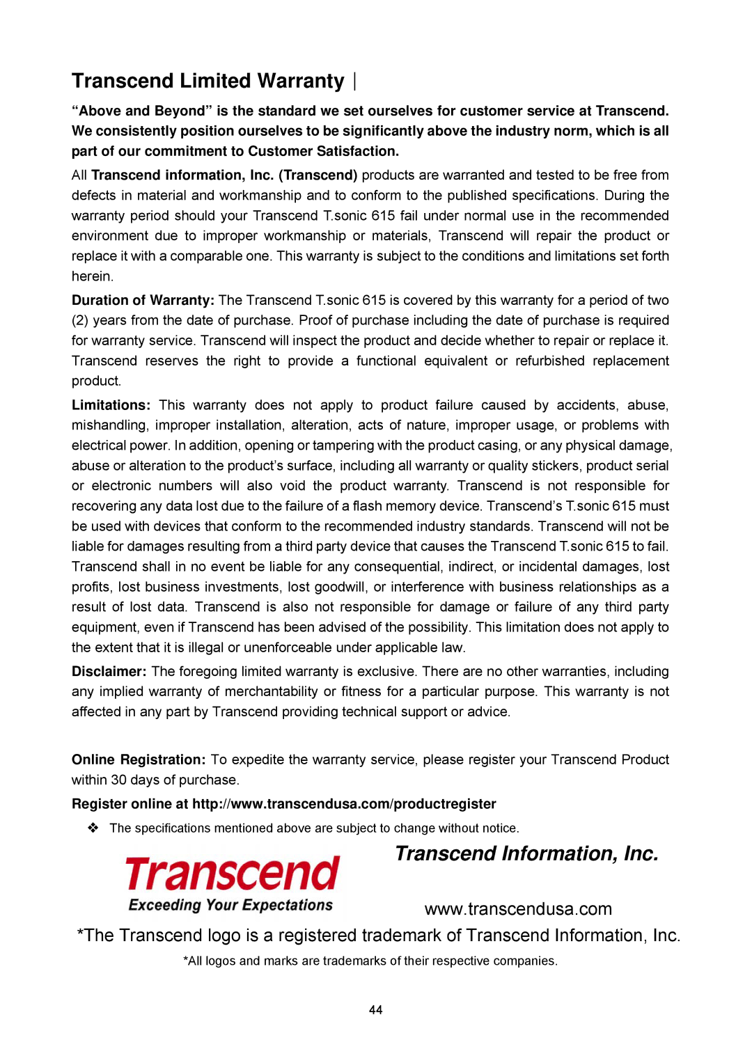 Transcend Information 615 user manual Transcend Information, Inc 