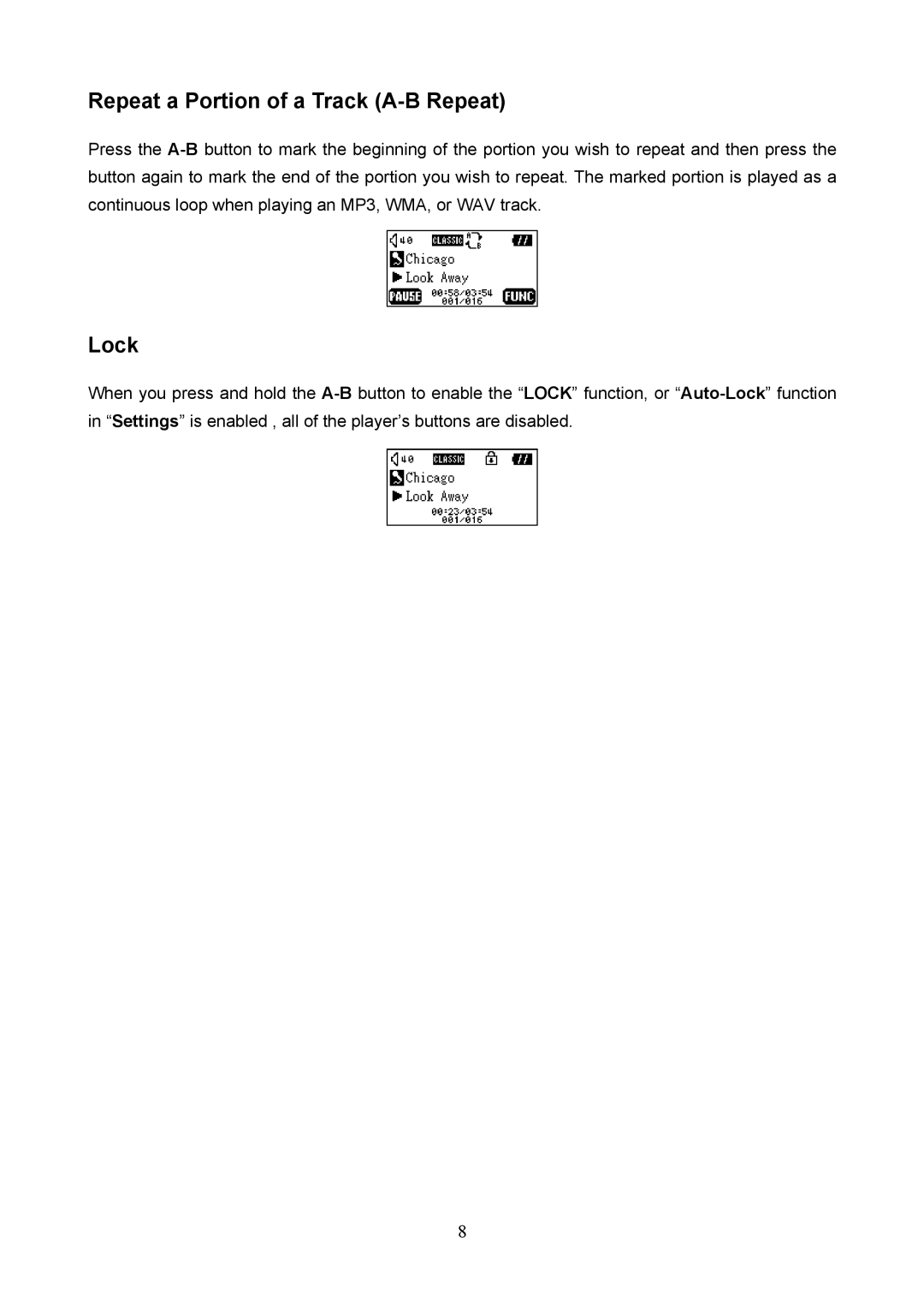 Transcend Information 620 user manual Repeat a Portion of a Track A-B Repeat, Lock 