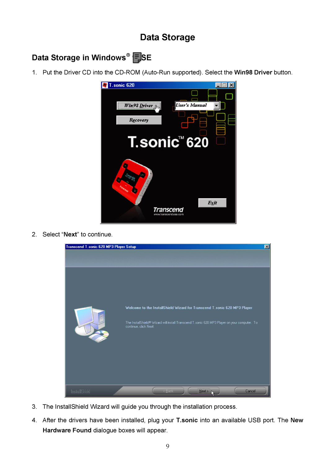 Transcend Information 620 user manual Data Storage in Windows 98SE 