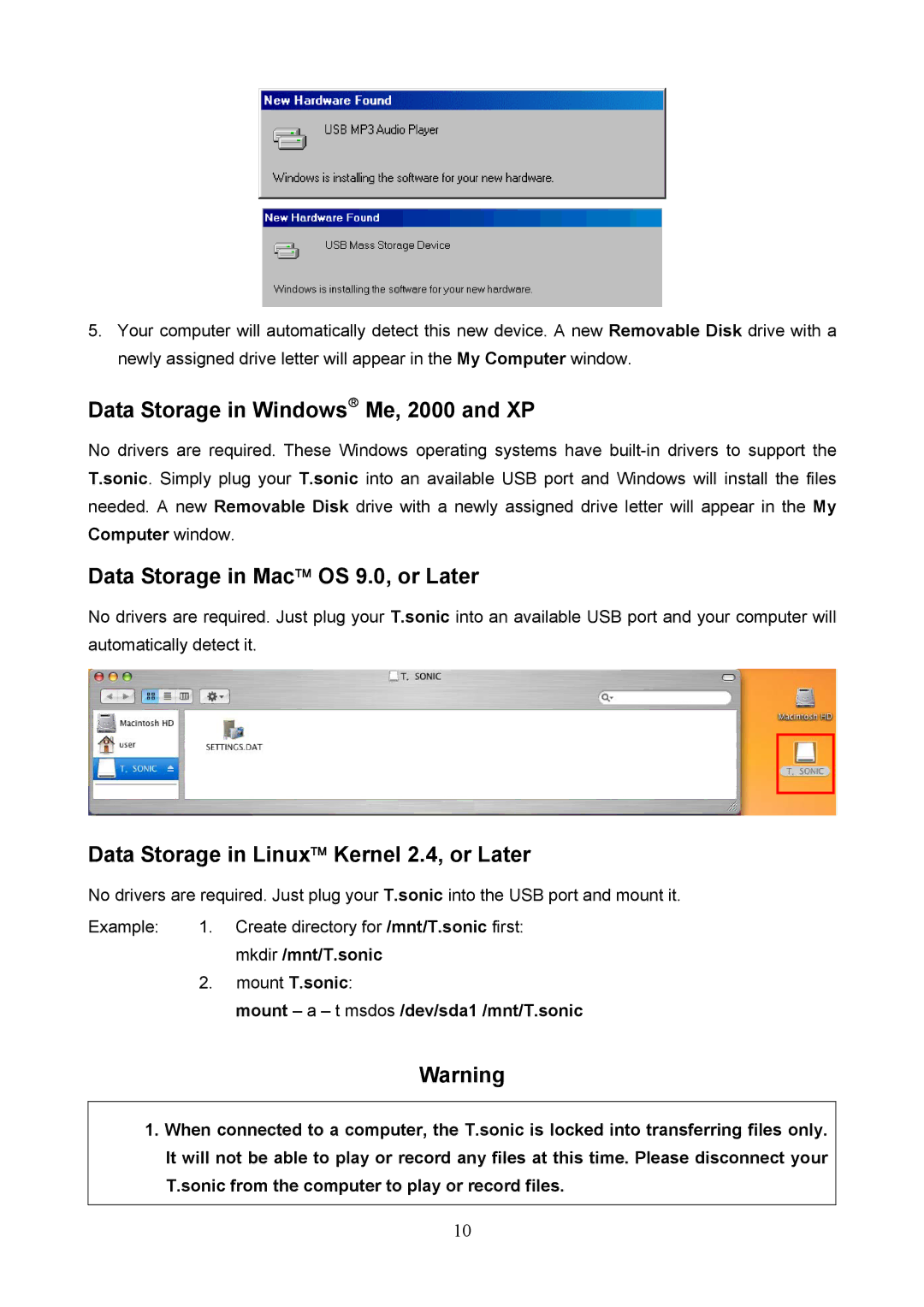 Transcend Information 620 user manual Data Storage in Windows Me, 2000 and XP, Data Storage in Mac OS 9.0, or Later 