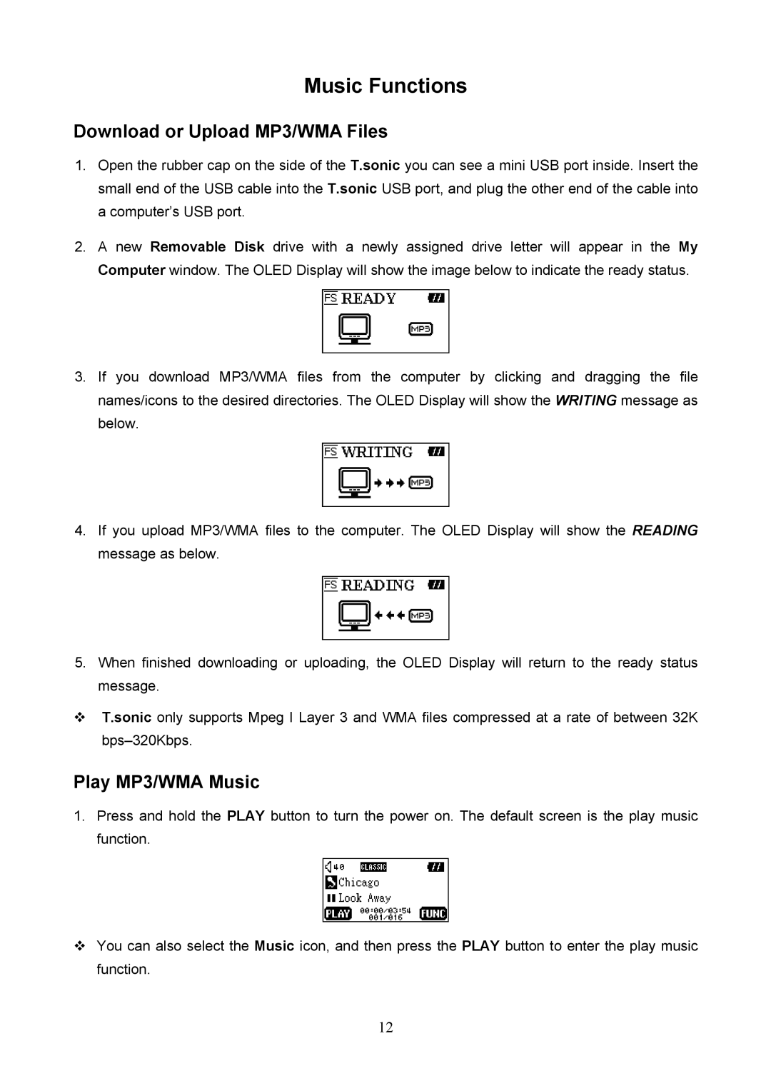 Transcend Information 620 user manual Music Functions, Download or Upload MP3/WMA Files, Play MP3/WMA Music 