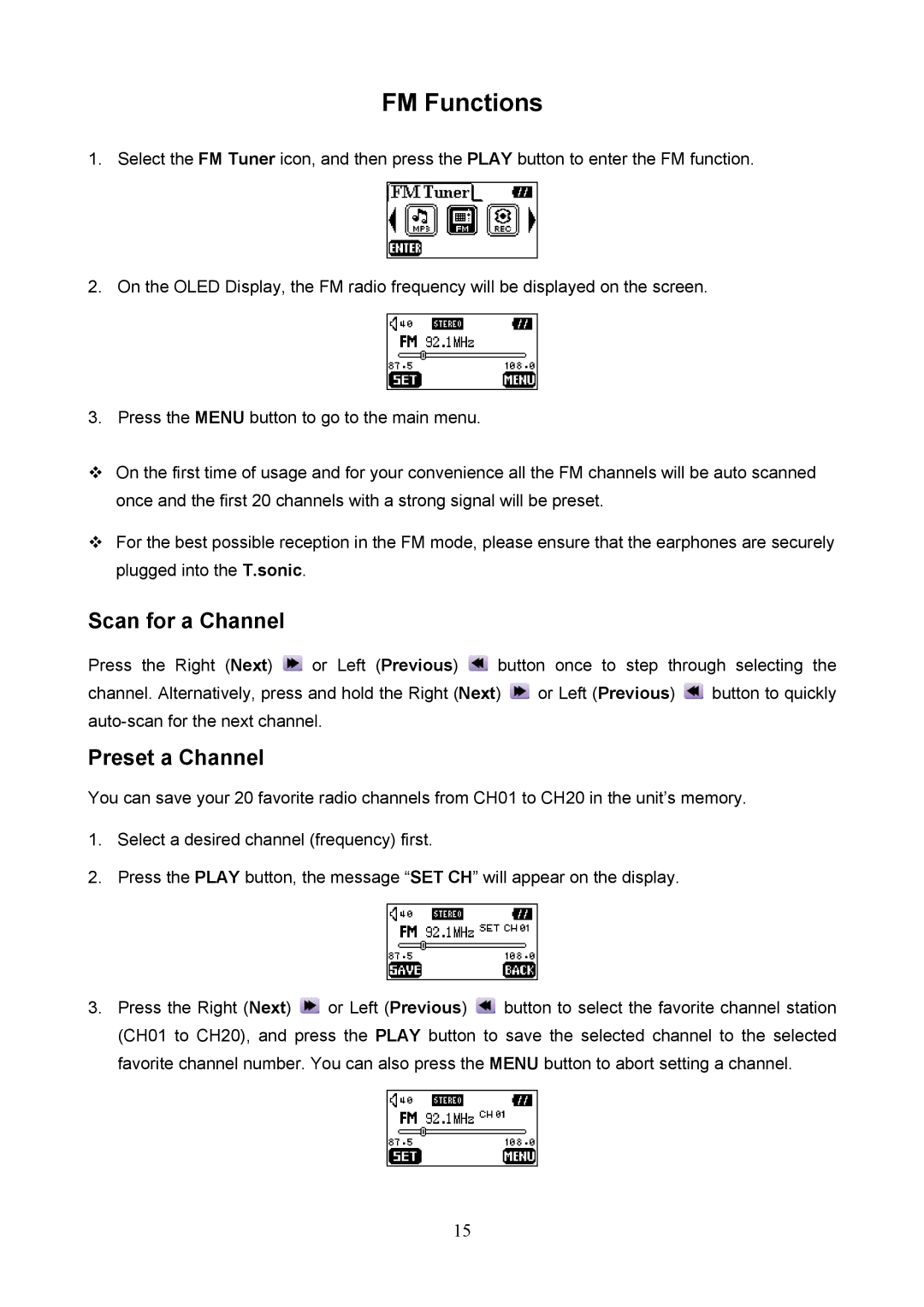 Transcend Information 620 user manual FM Functions, Scan for a Channel, Preset a Channel 