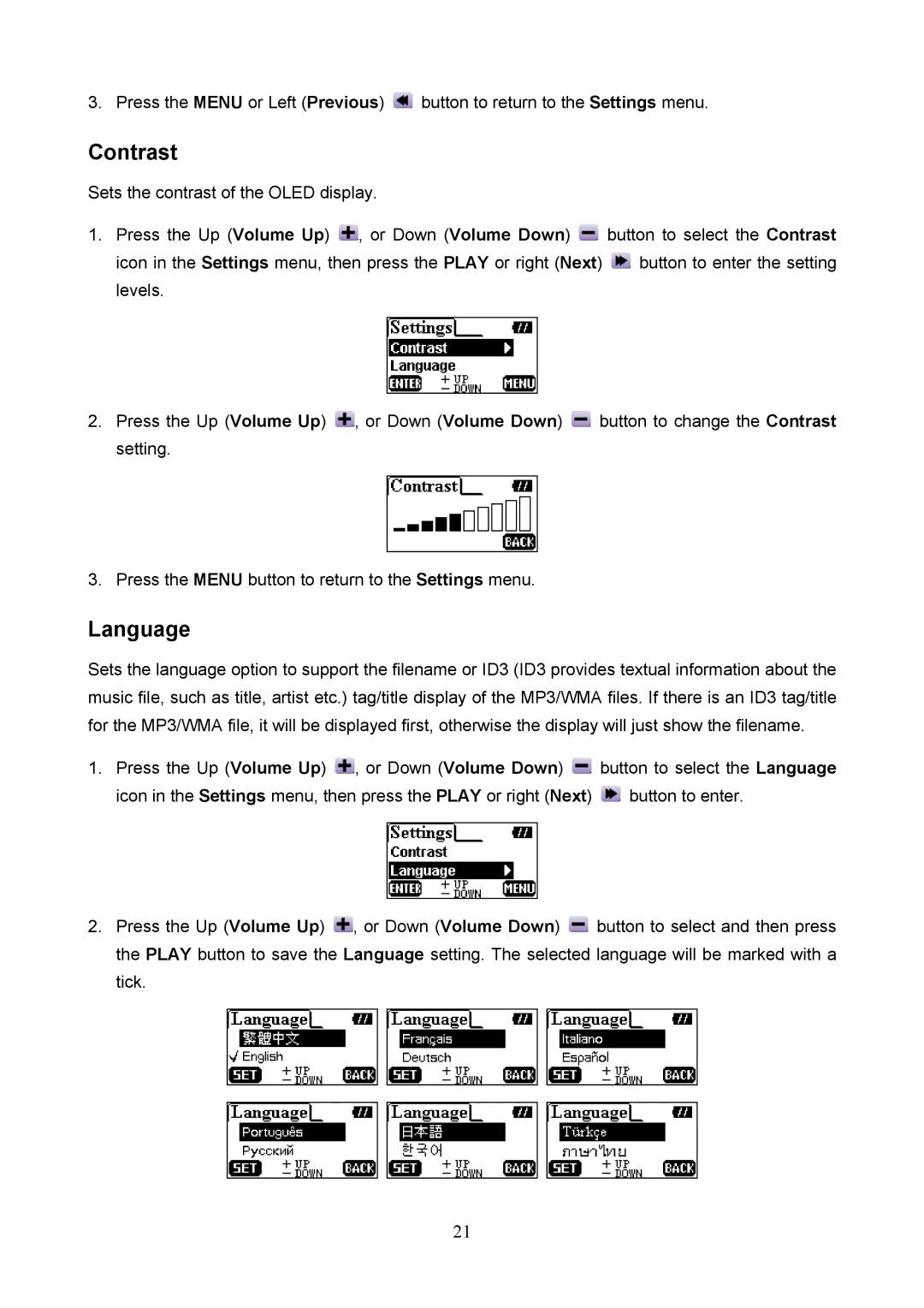 Transcend Information 620 user manual Contrast, Language 