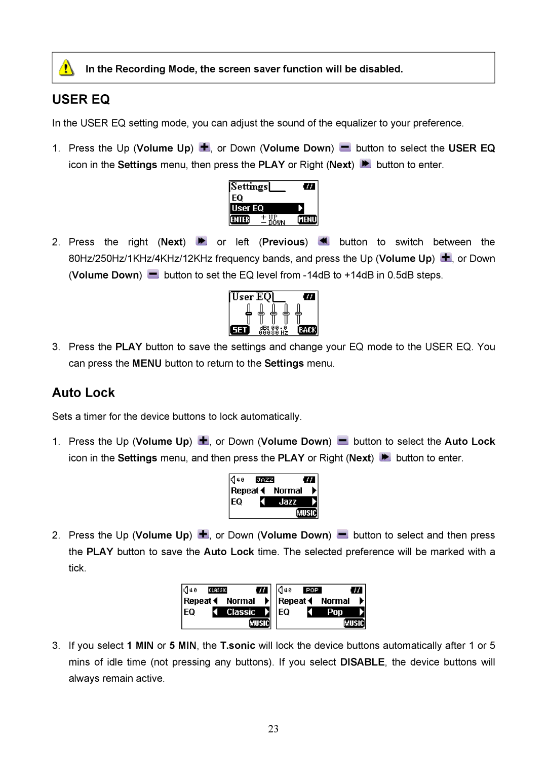 Transcend Information 620 user manual User EQ, Auto Lock 