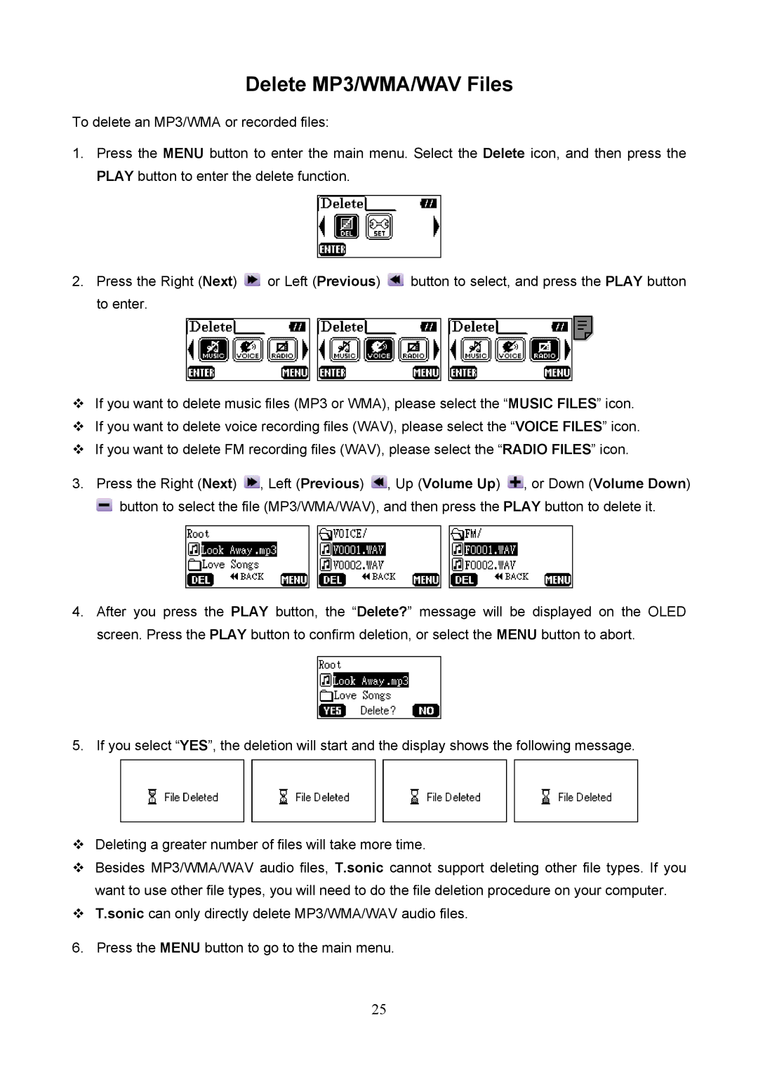 Transcend Information 620 user manual Delete MP3/WMA/WAV Files 