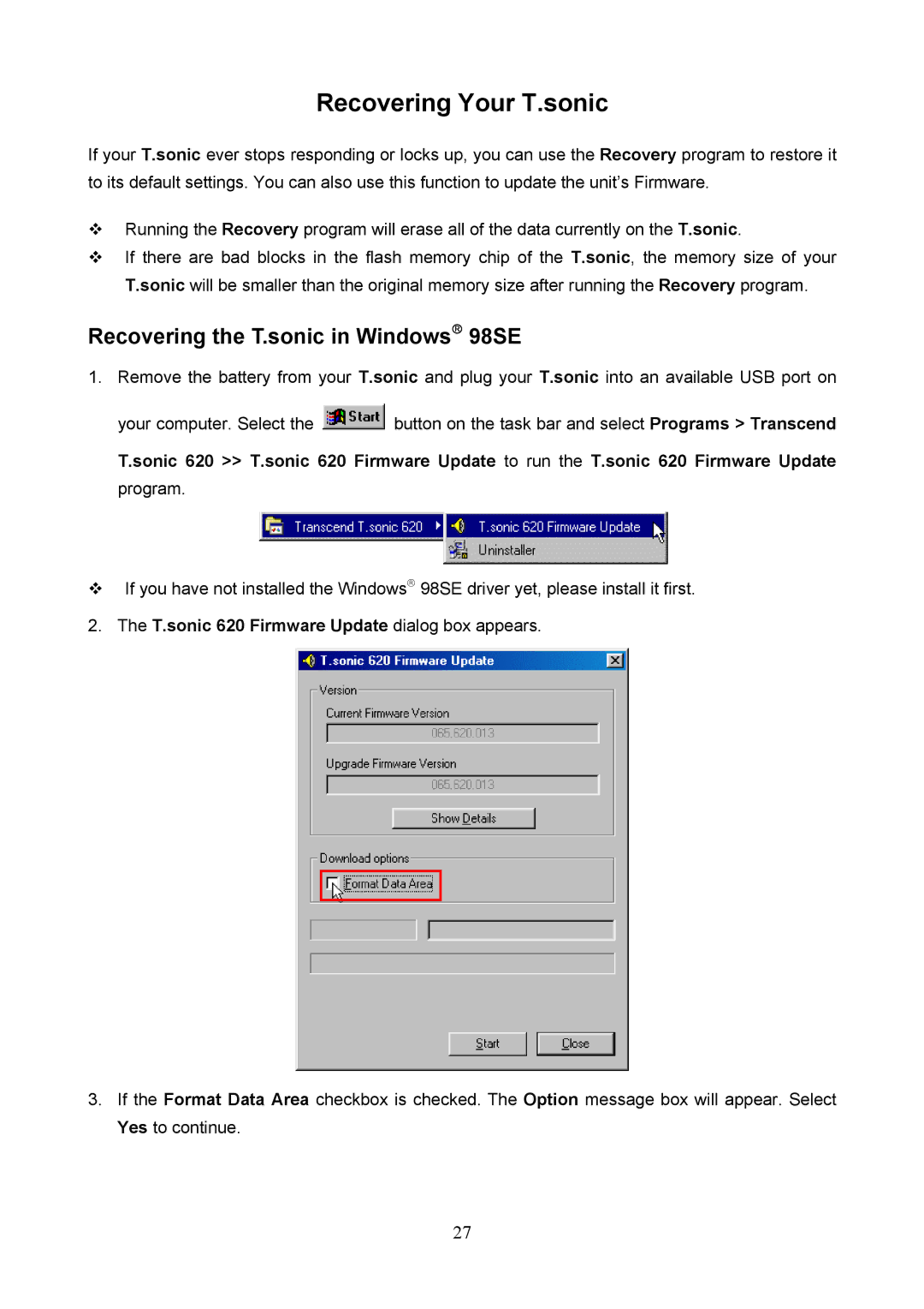 Transcend Information 620 user manual Recovering Your T.sonic, Recovering the T.sonic in Windows 98SE 