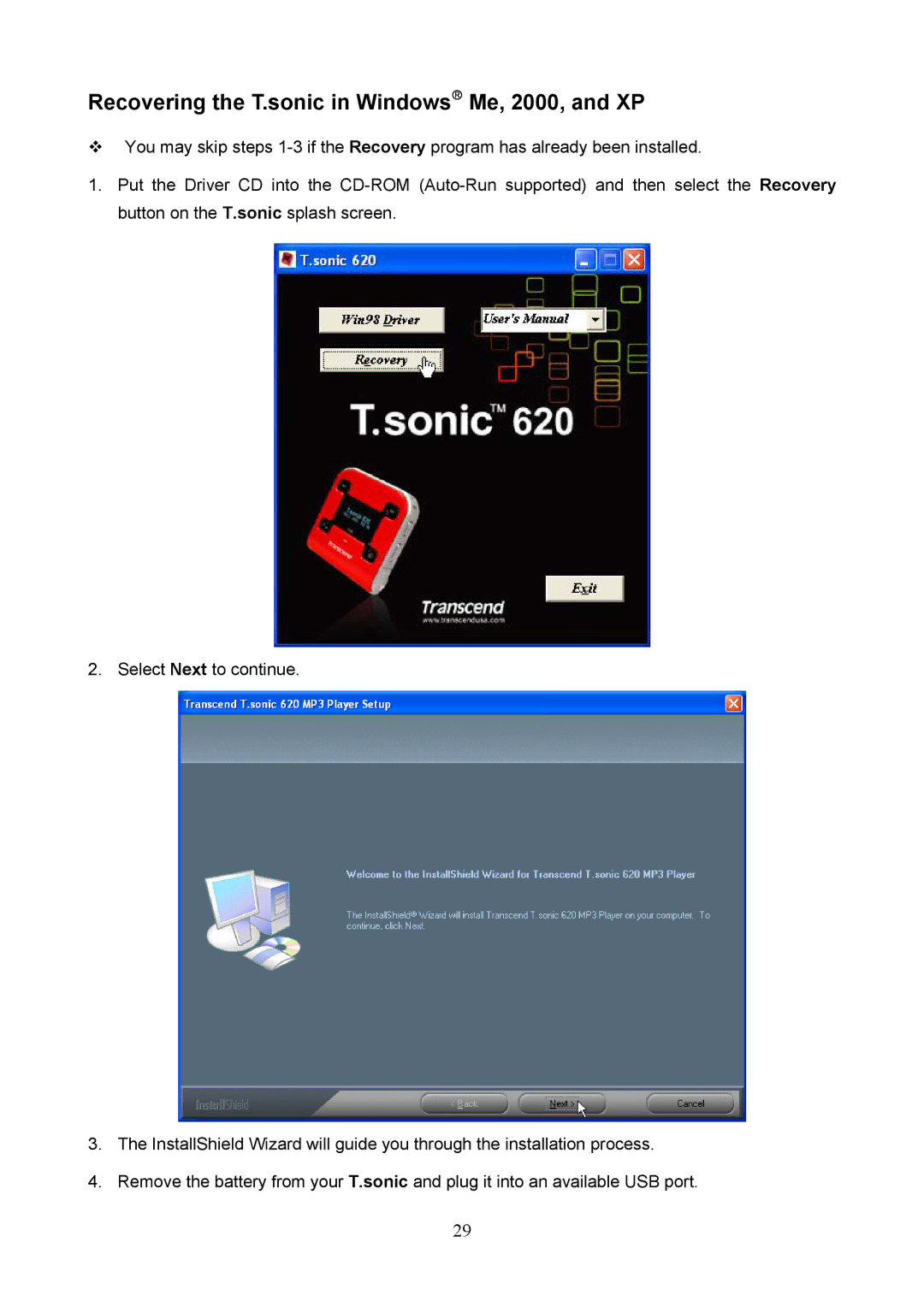 Transcend Information 620 user manual Recovering the T.sonic in Windows Me, 2000, and XP 