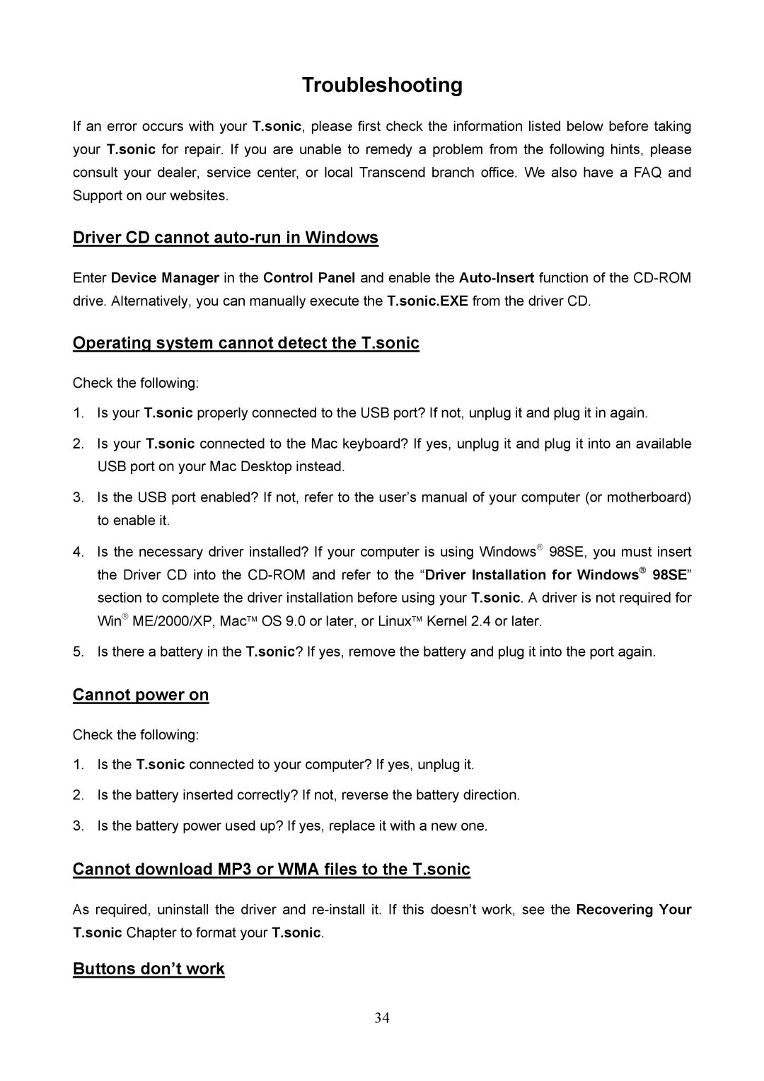 Transcend Information 620 user manual Troubleshooting, Driver CD cannot auto-run in Windows 