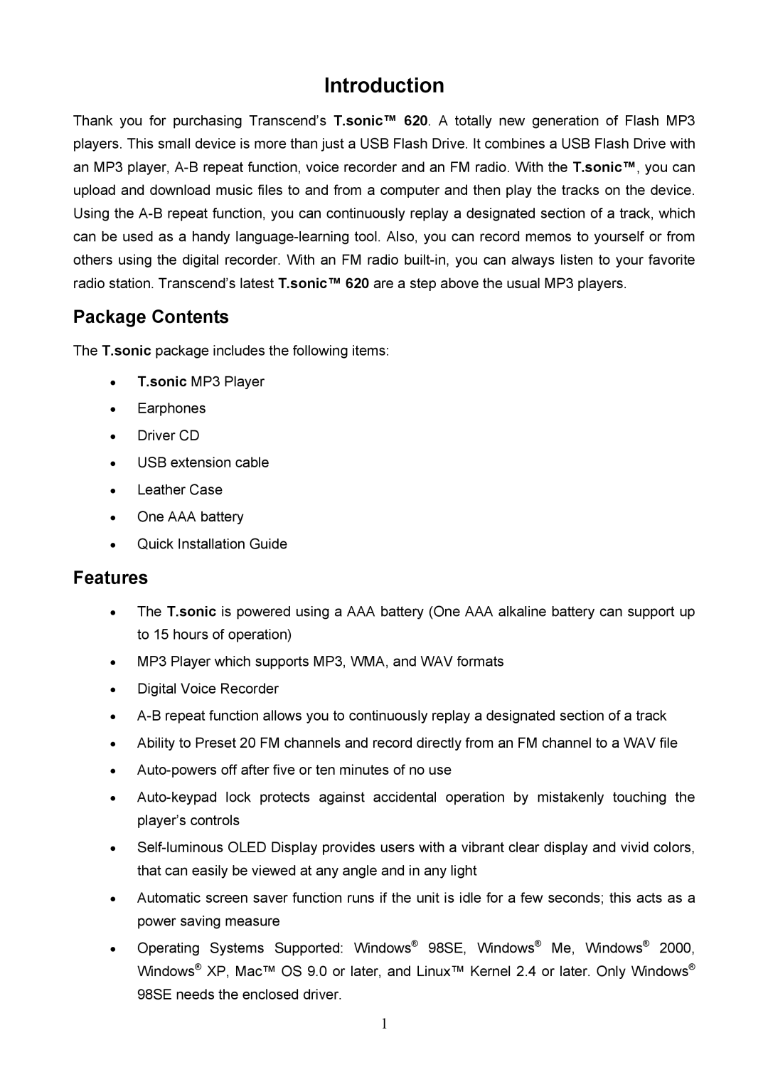 Transcend Information 620 user manual Introduction, Package Contents, Features 