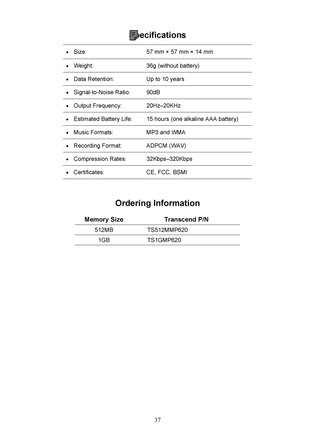 Transcend Information 620 user manual Specifications, Ordering Information 