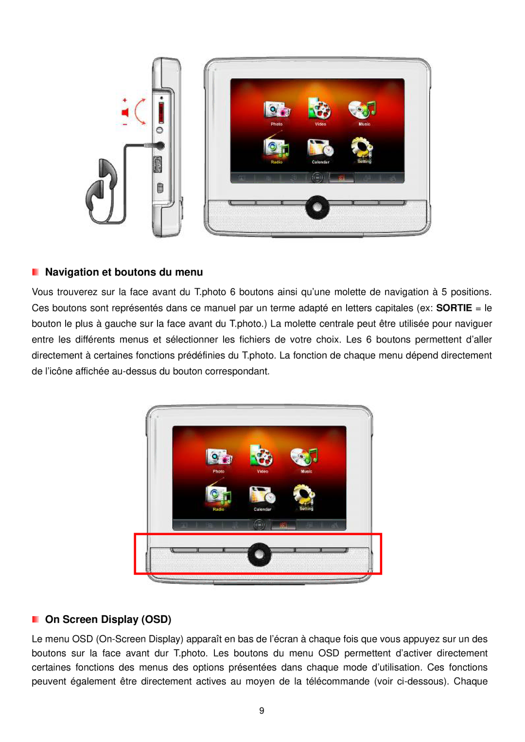 Transcend Information 720 manual Navigation et boutons du menu, On Screen Display OSD 