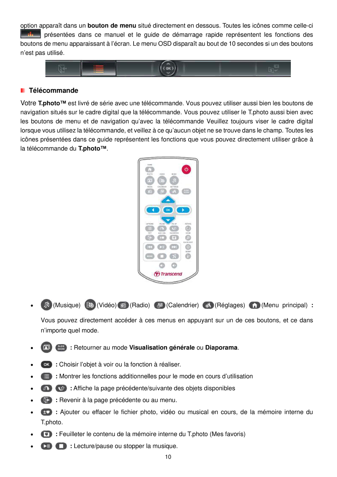 Transcend Information 720 manual Télécommande, Retourner au mode Visualisation générale ou Diaporama 