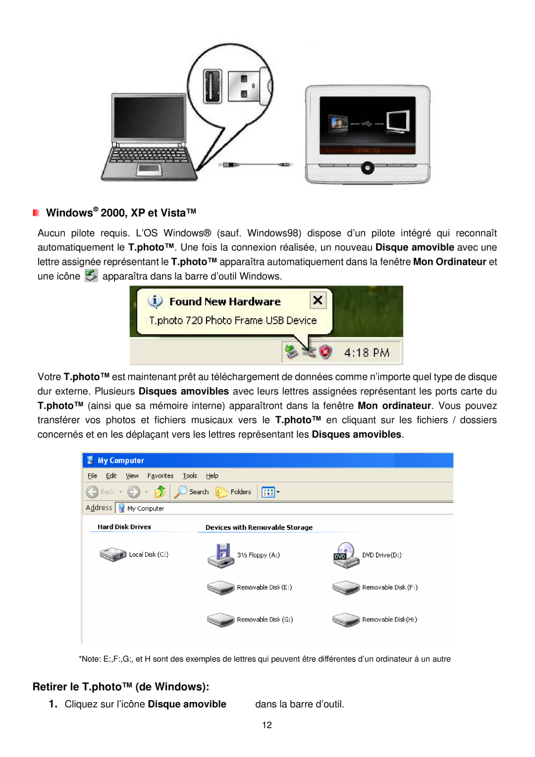 Transcend Information 720 manual Windows 2000, XP et Vista, Retirer le T.photo de Windows 