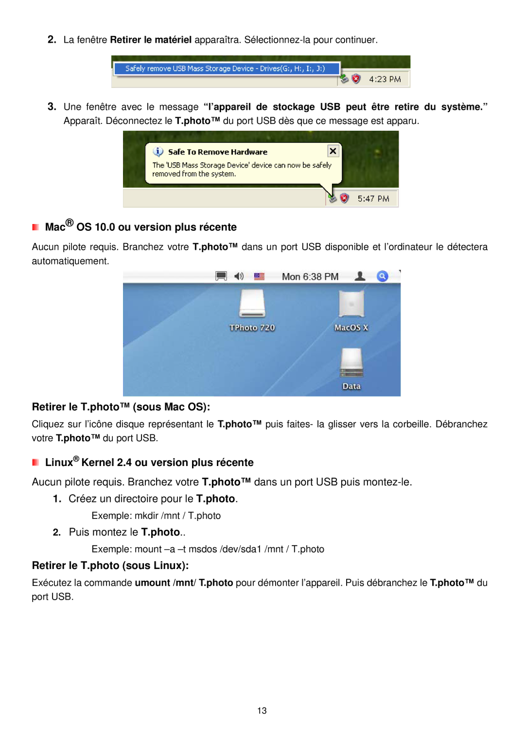 Transcend Information 720 manual Mac OS 10.0 ou version plus récente, Retirer le T.photo sous Mac OS 