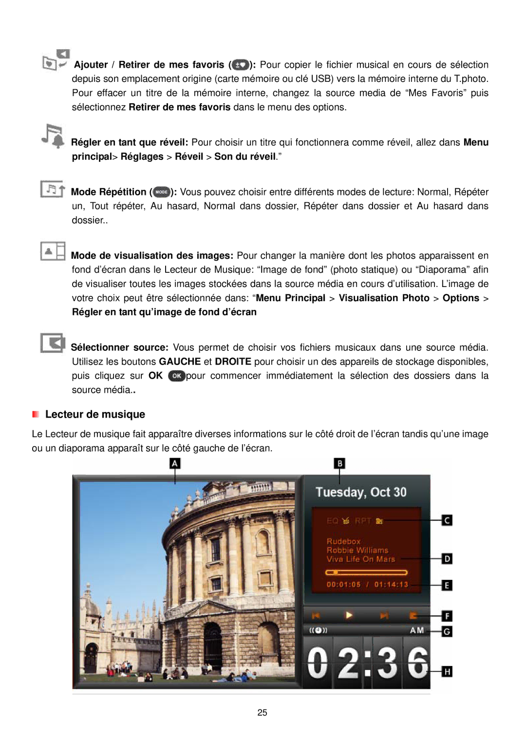 Transcend Information 720 manual Lecteur de musique, Régler en tant qu’image de fond d’écran 