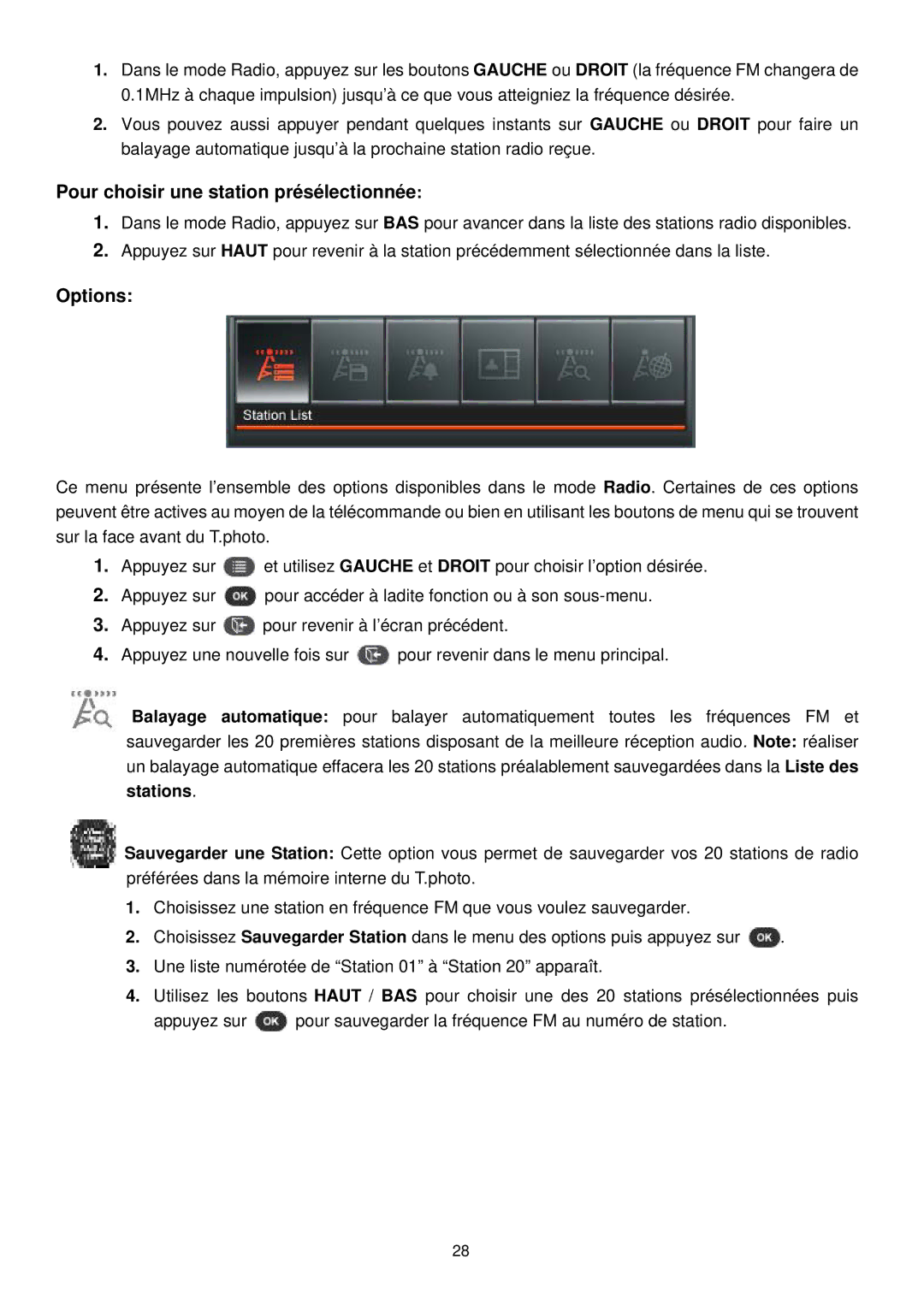 Transcend Information 720 manual Pour choisir une station présélectionnée, Options 