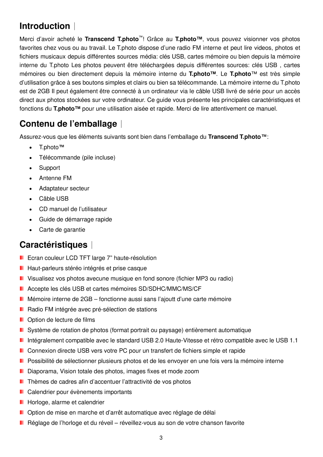 Transcend Information 720 manual Introduction︱, Contenu de l’emballage︱, Caractéristiques︱ 