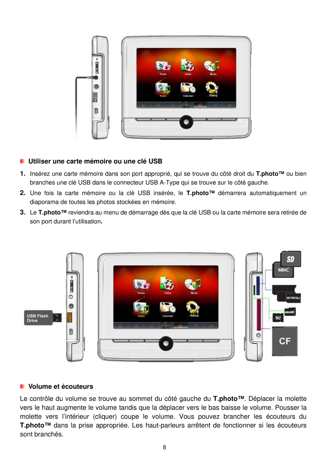 Transcend Information 720 manual Utiliser une carte mémoire ou une clé USB, Volume et écouteurs 