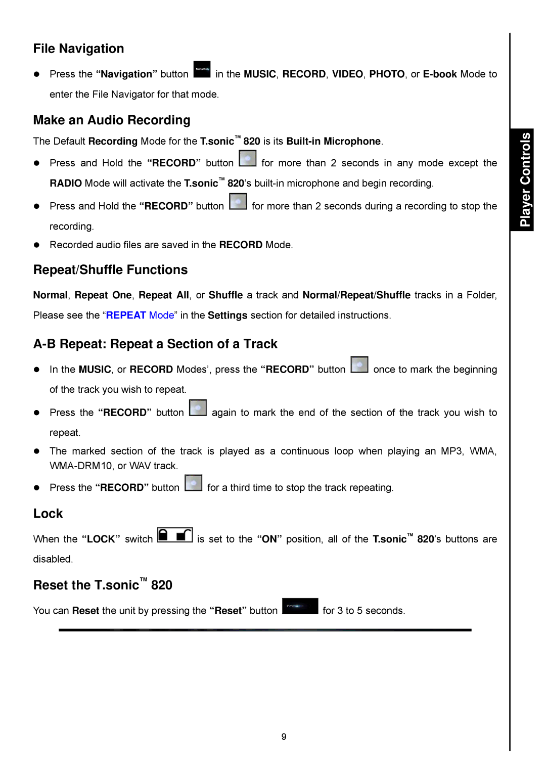 Transcend Information 820 File Navigation, Make an Audio Recording, Repeat/Shuffle Functions, Lock, Reset the T.sonic 