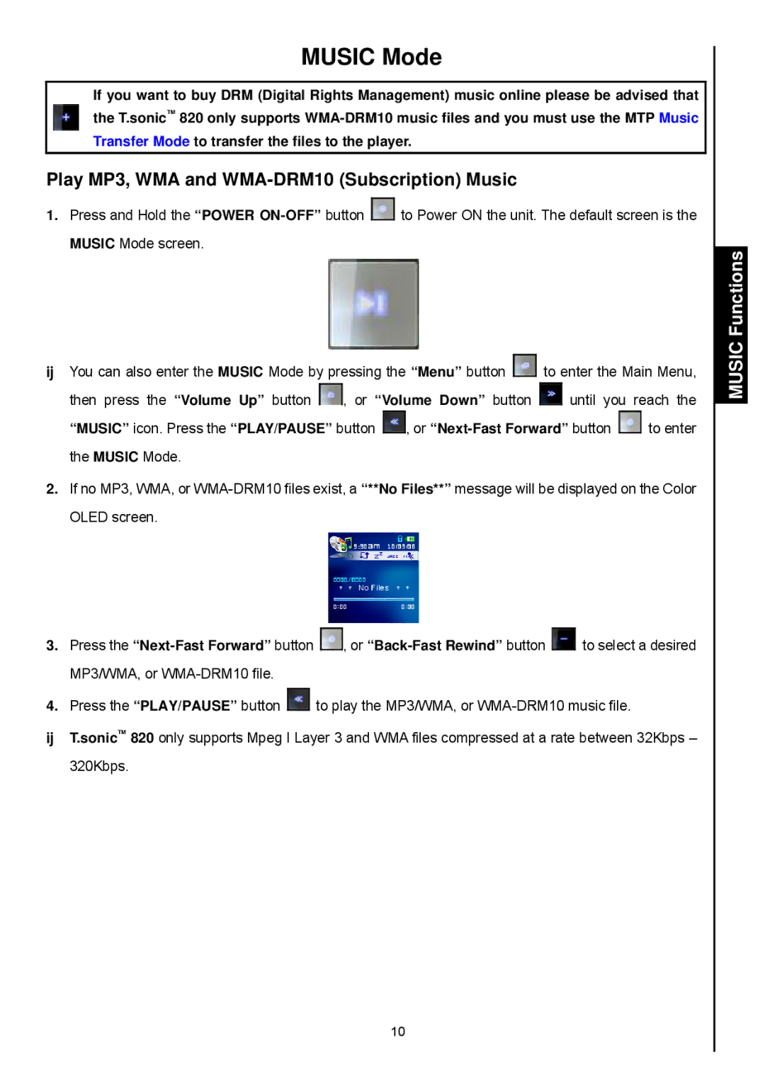 Transcend Information 820 user manual Music Mode, Play MP3, WMA and WMA-DRM10 Subscription Music, Music Functions 