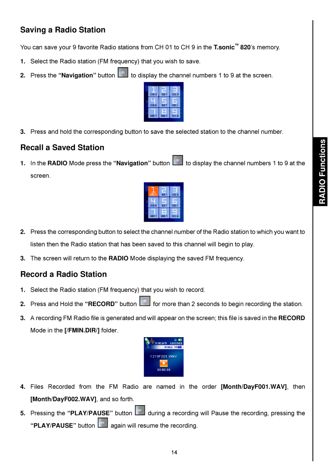 Transcend Information 820 user manual Saving a Radio Station, Recall a Saved Station, Record a Radio Station 