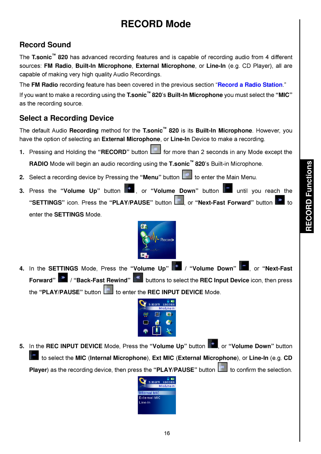 Transcend Information 820 user manual Record Mode, Record Sound, Select a Recording Device, Record Functions 