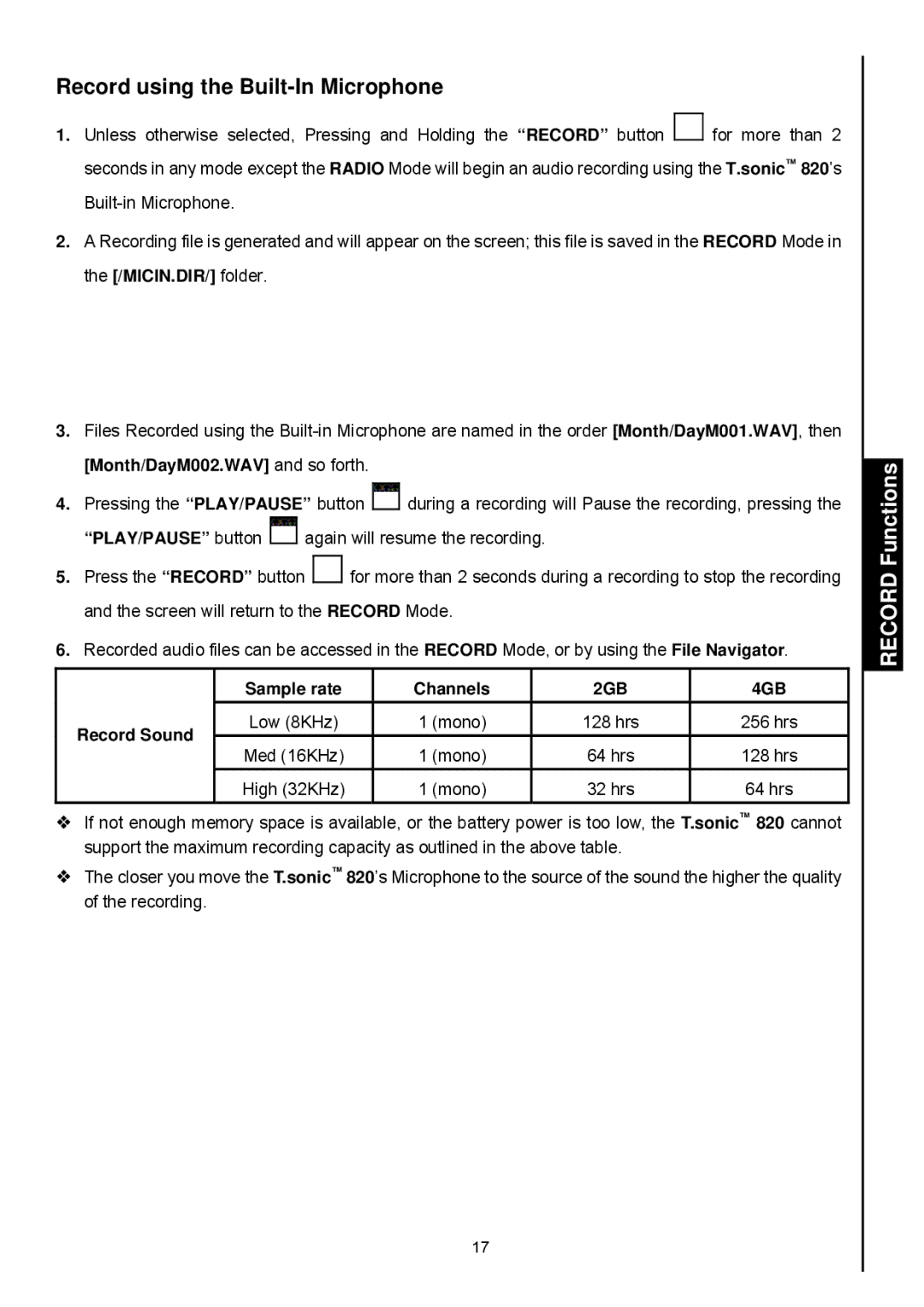 Transcend Information 820 user manual Record using the Built-In Microphone 