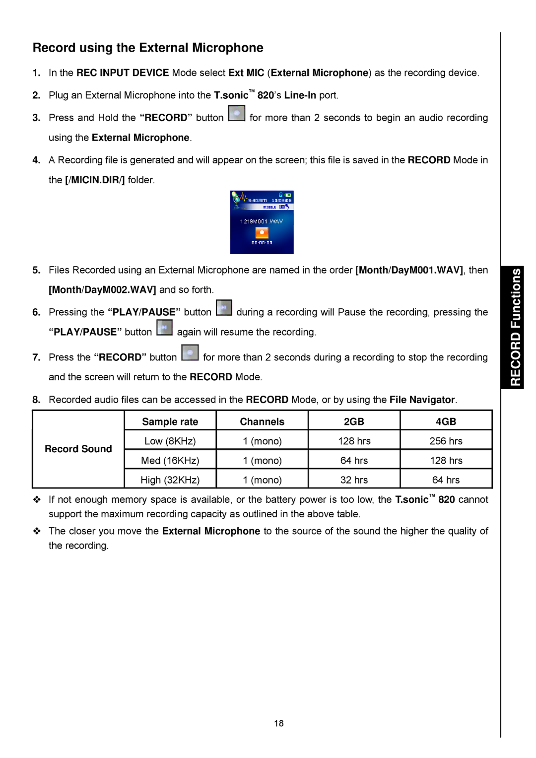 Transcend Information 820 user manual Record using the External Microphone 