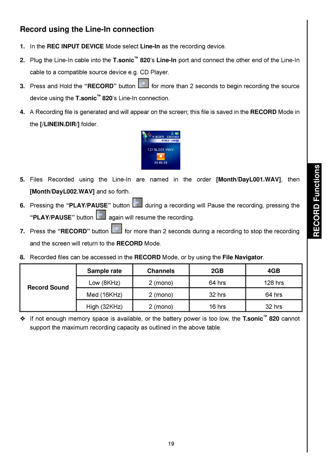 Transcend Information 820 user manual Record using the Line-In connection 