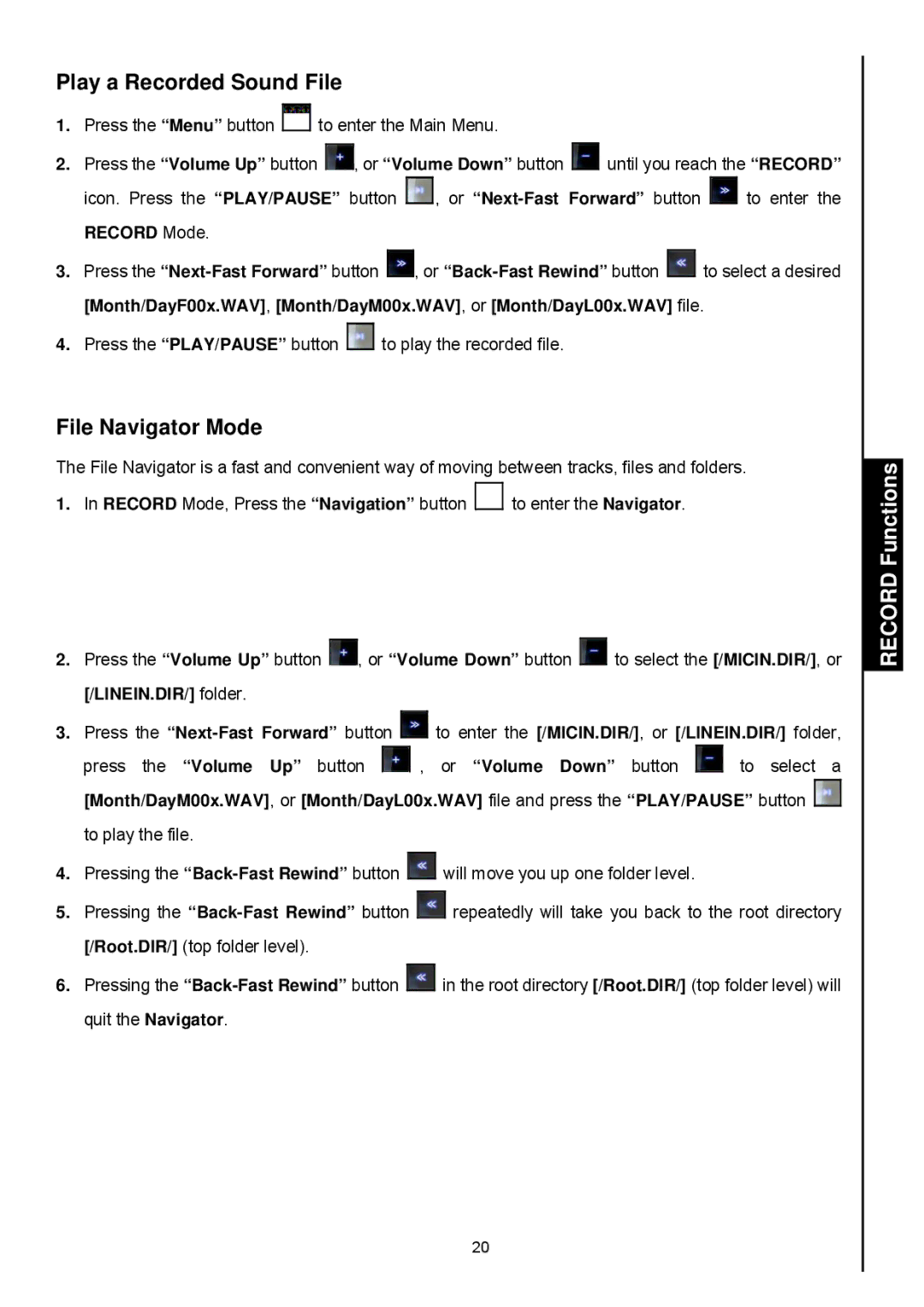 Transcend Information 820 user manual Play a Recorded Sound File, File Navigator Mode 